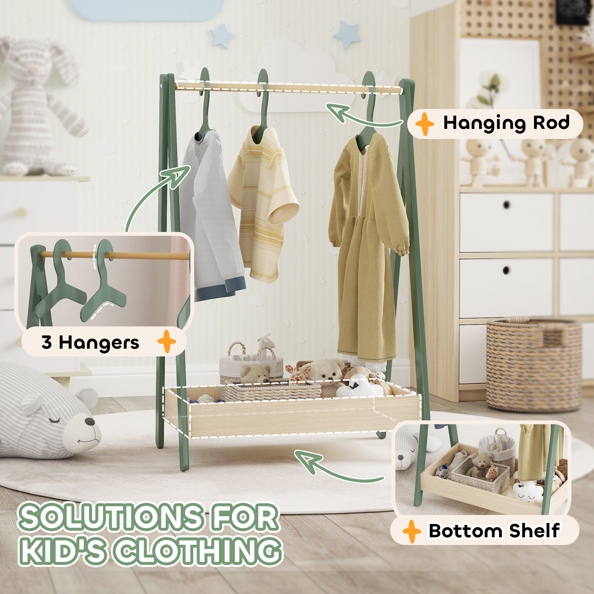 Kids Clothes Rail with 3Hangers, Bottom Storage Shelf for Girls, Boys, Nursery, Bedroom, Green