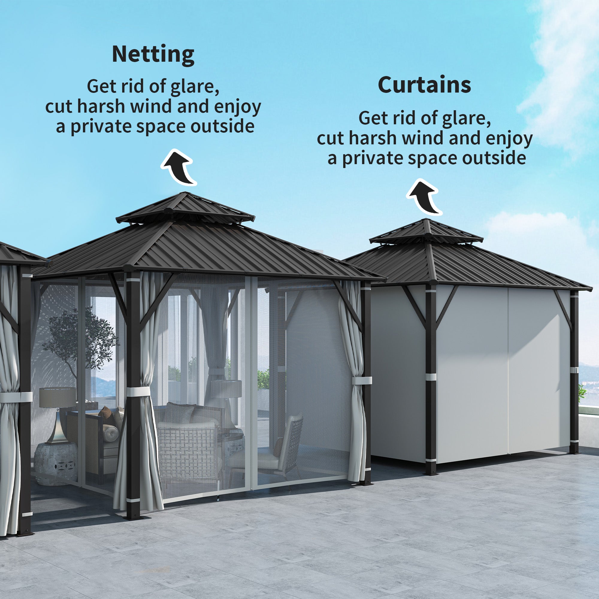 3 x 3(m) Hardtop Gazebo Canopy with Metal Roof, Waterproof Permanent Pavilion Garden Gazebo with Netting, Curtains, Grey