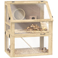Wooden Hamster Cage 60x40x75cm with Detachable 32cm Deep Bottom, Hut, Seesaw, Exercise Wheel, Ramps - Natural Wood Finish
