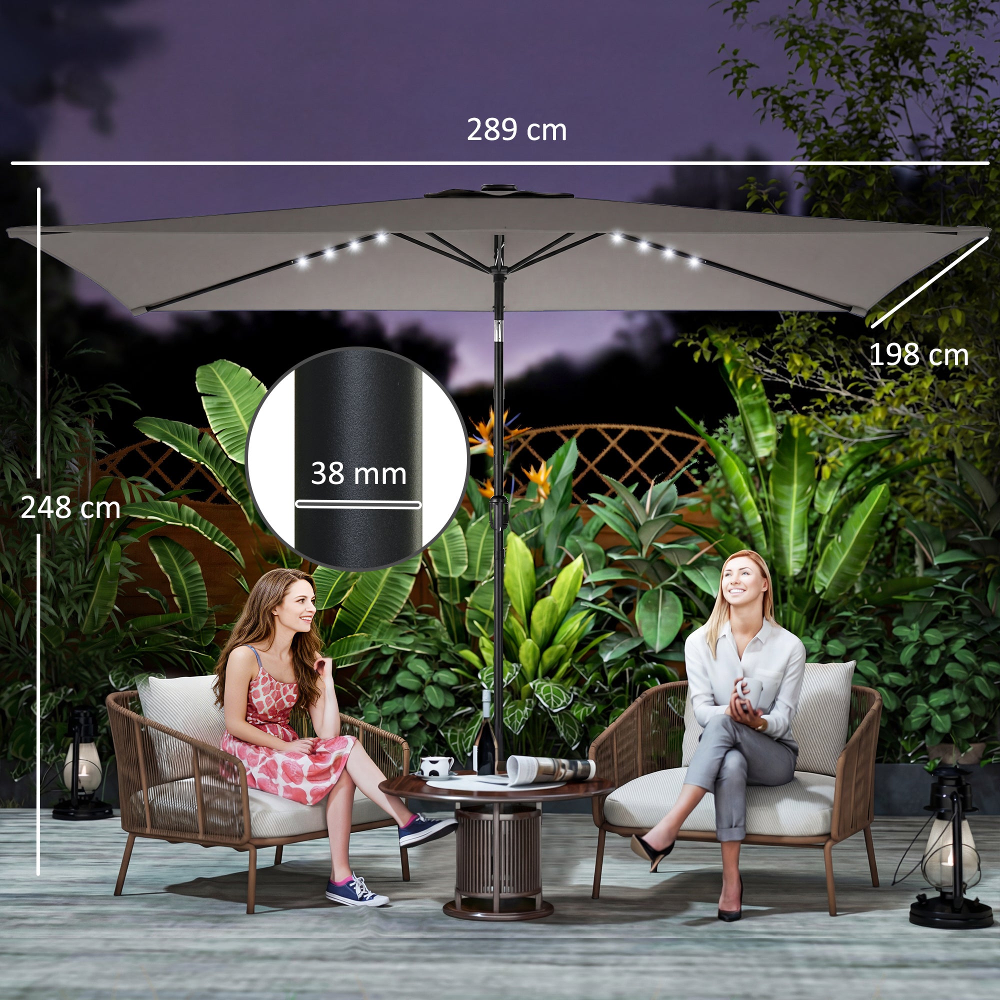 3 x 2 m Garden Parasol Umbrella with LED Solar Light, Parasol Cover, Outdoor Market Patio Umbrella, Dark Grey