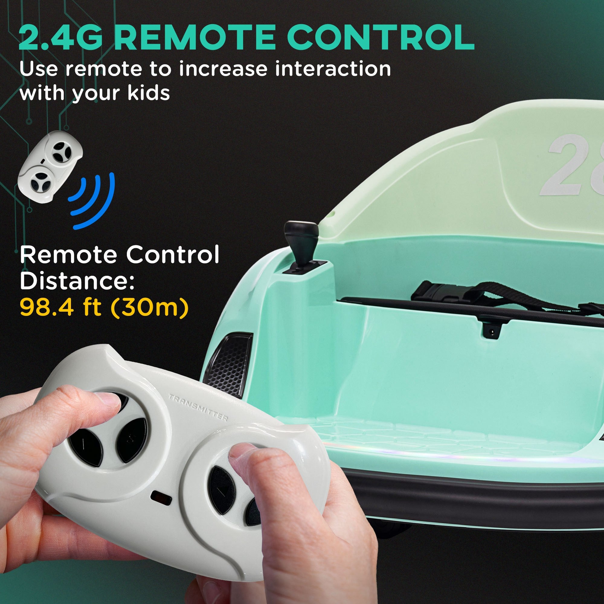 12V 360° Rotation Kids Bumper Car with Remote Control, Dual Joysticks, Music & Lights - Green
