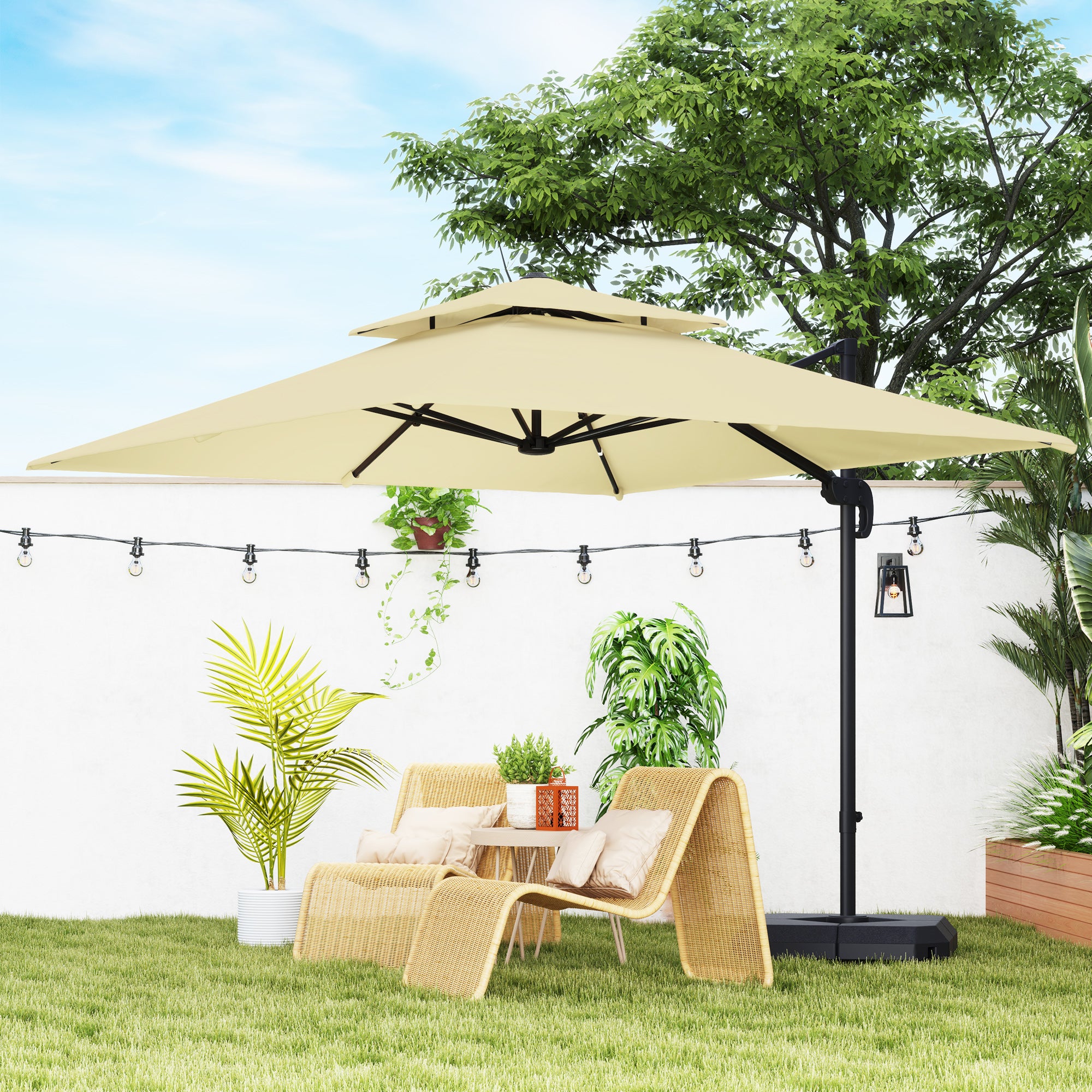 2.7 x 2.7(m) Cantilever Parasol with Aluminium Frame, Crank and Tilt, 360° Rotation, Double Top Garden Umbrella with Base and Cover, Khaki