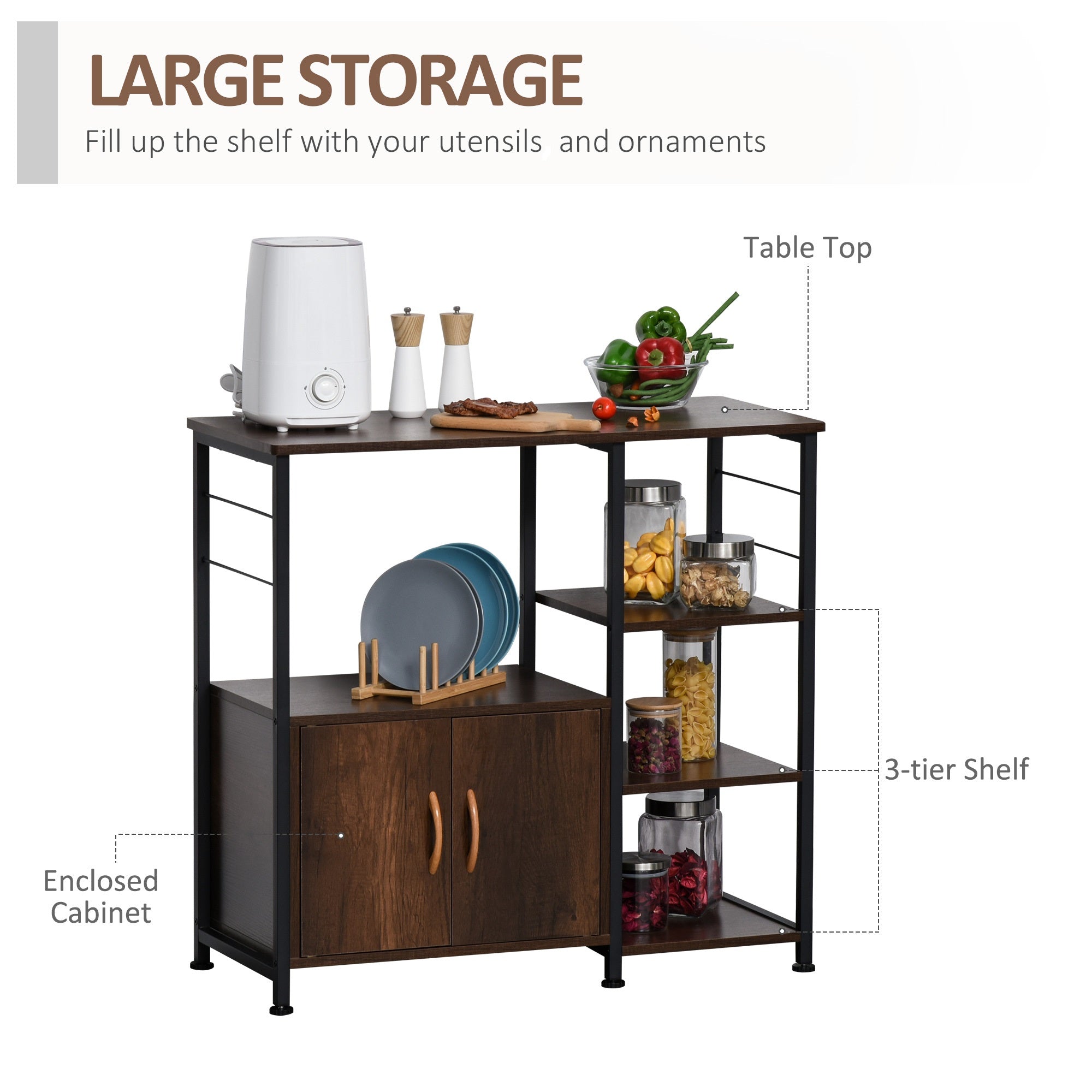 Industrial Storage Shelf Kitchen Cupboard Sideboard Metal Frame End Desk with Cabinet & Rack for Dining Room, Living Room