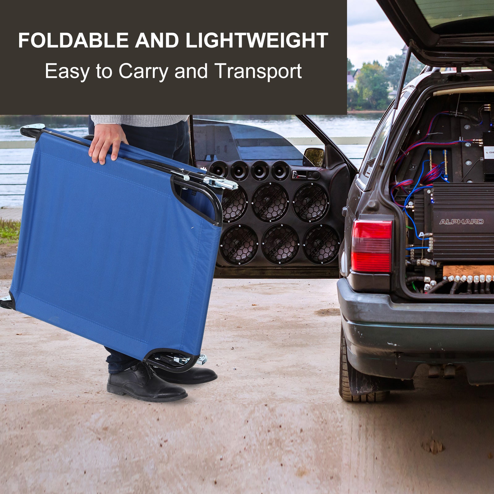 Foldable Sun Lounger with 5-Position Adjustable Backrest, Outdoor Portable Recliner Chaise Lounge Chair with Breathable Mesh Fabric, Blue