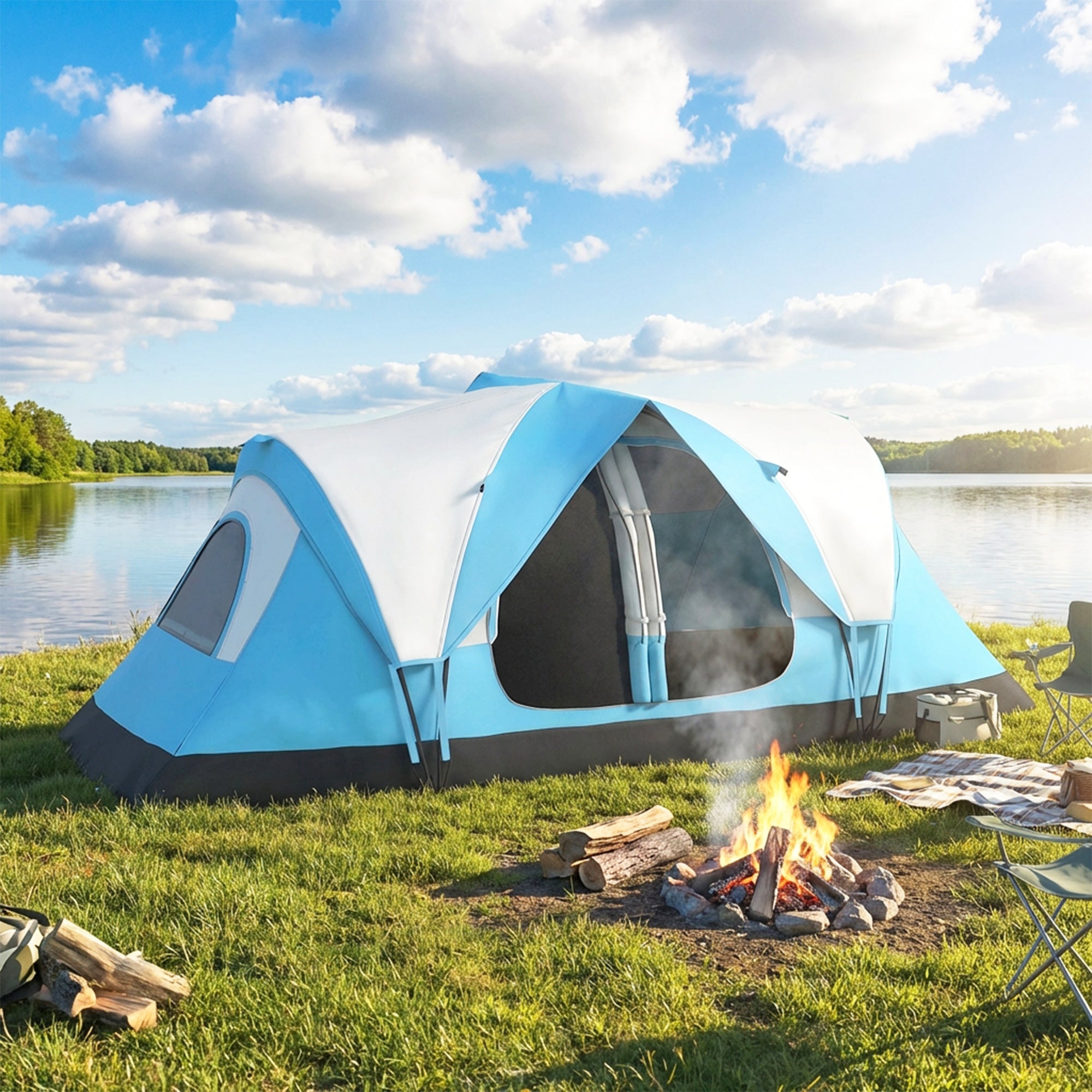 Camping Tent for 6-8 Man with 2000mm Waterproof Rainfly and Carry Bag for Fishing Hiking Festival, Sky Blue