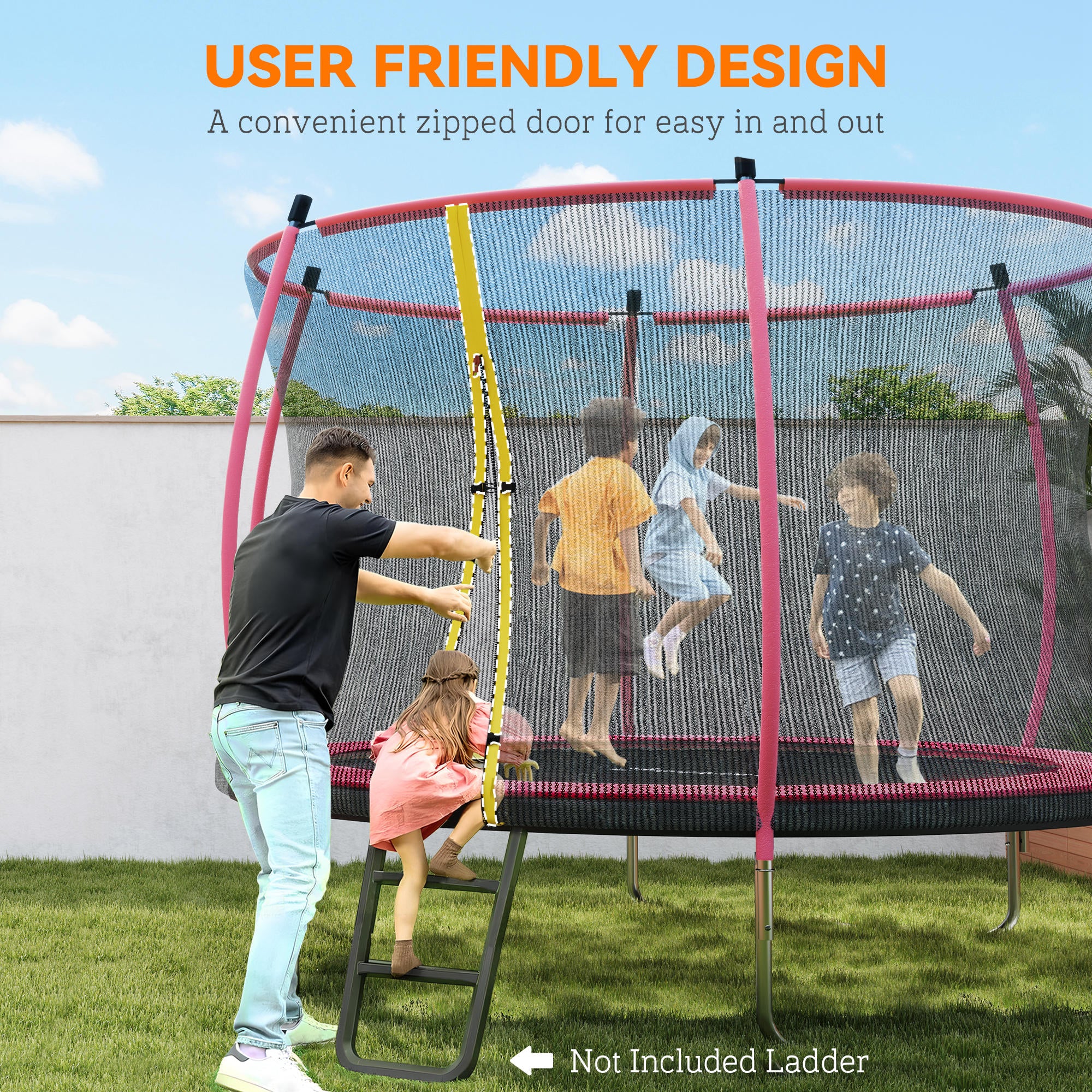 10ft Outdoor Trampoline with Enclosure Net, Spring Cover, Pink