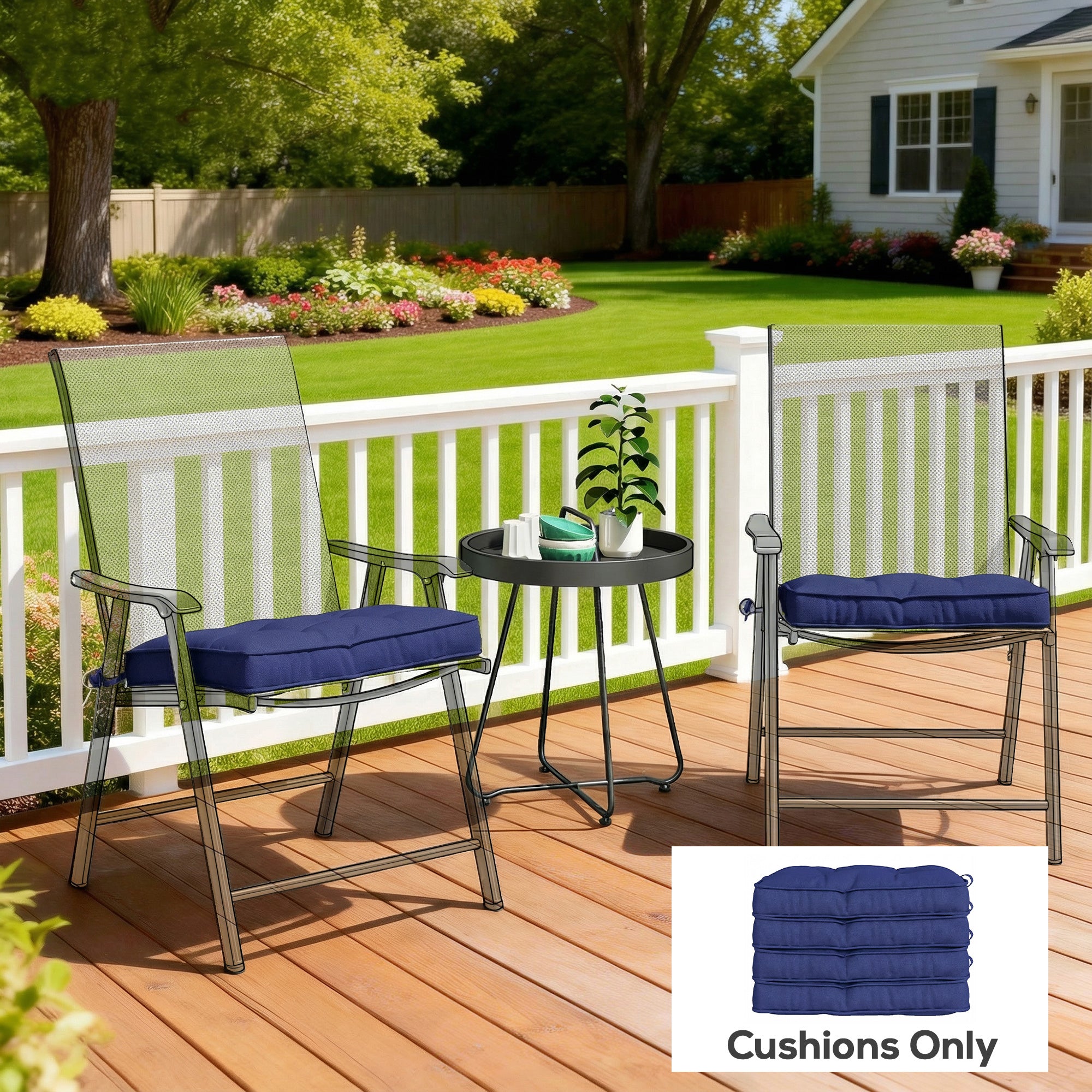 Garden Seat Cushion with Ties, 42 x 42cm Replacement Dining Chair Seat Pad, Dark Blue
