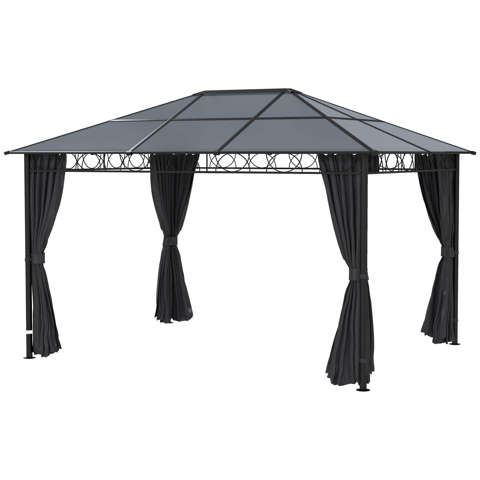 Hardtop Gazebo Garden Pavilion with UV Resistant Polycarbonate Roof, Curtains, Steel & Aluminium Frame, 3 x 4m, Grey