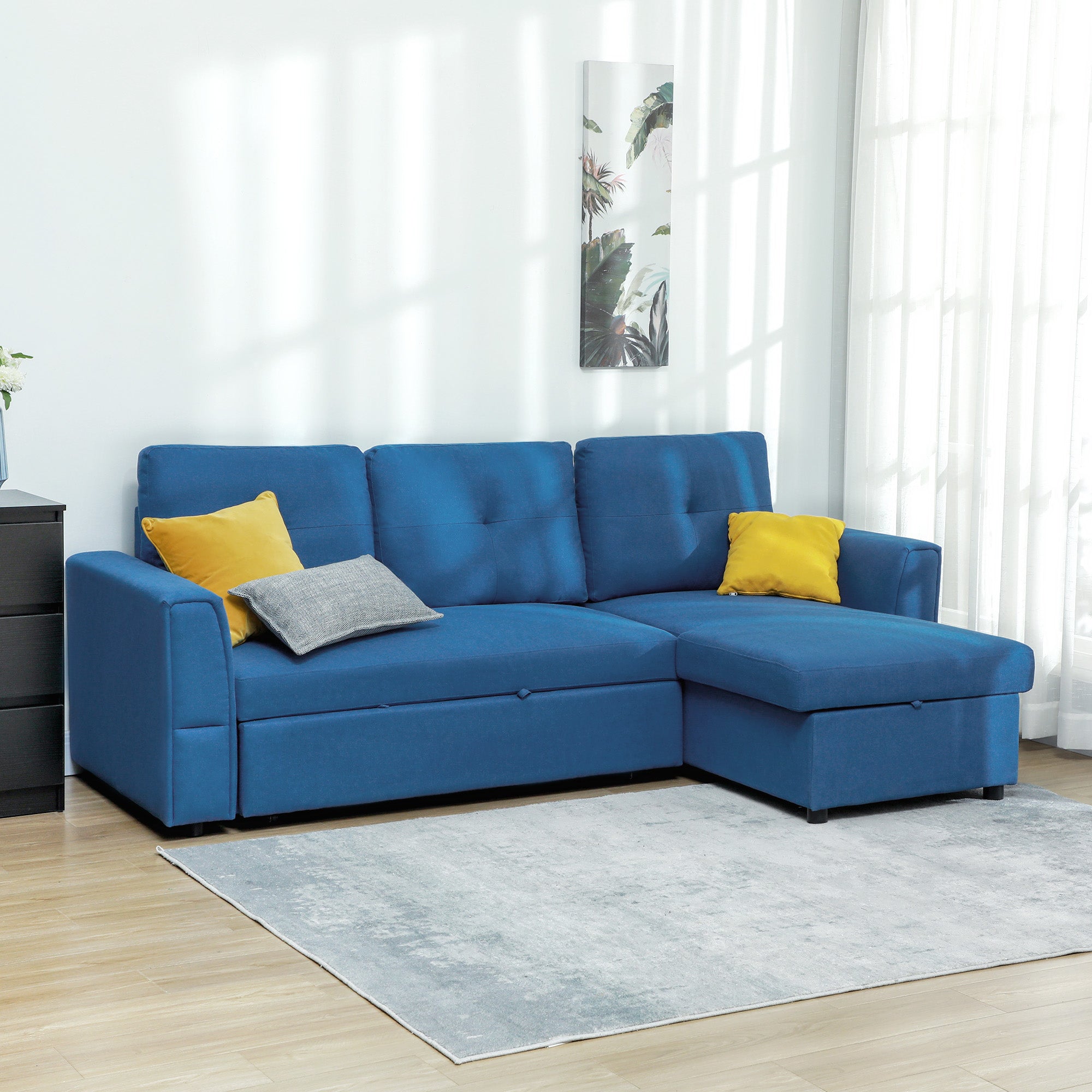 3 Seater Sofa Bed, L-Shaped Corner Sofa, Pull Out Sofa with Storage, Convertible Click Clack Settee Sectional Sleeper Futon for Living Room, Office, Dark Blue