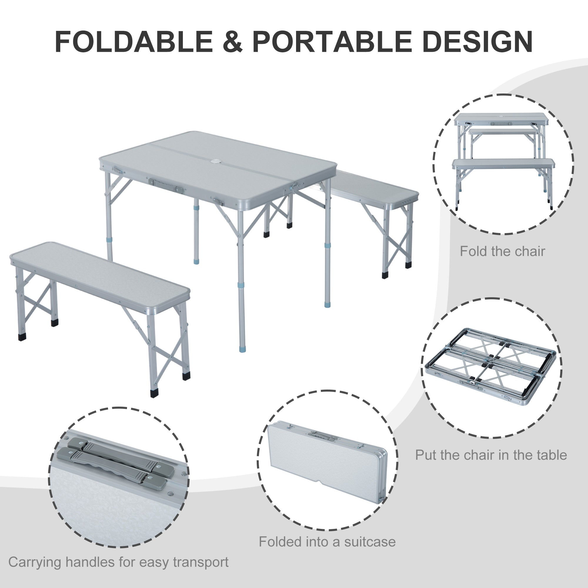 3 pcs Foldable Picnic Table and Bench Set with Umbrella Hole - Silver