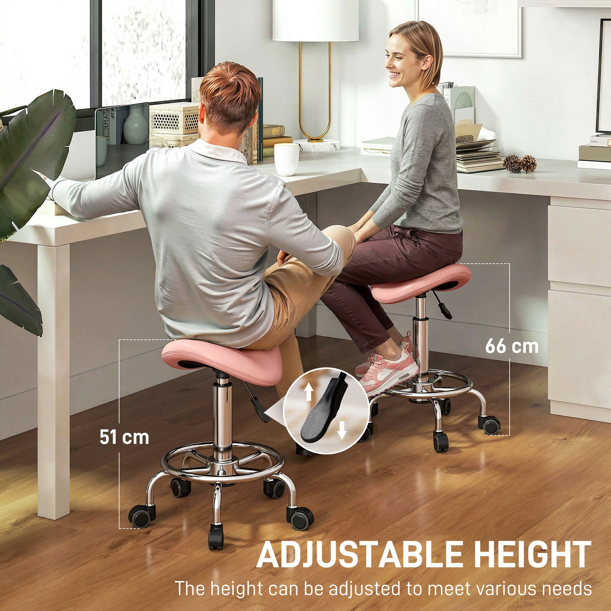 Salon Saddle Stool, Rolling Saddle Chair for Massage, Spa, Clinic, Beauty, Hairdressing and Tattoo, Pink