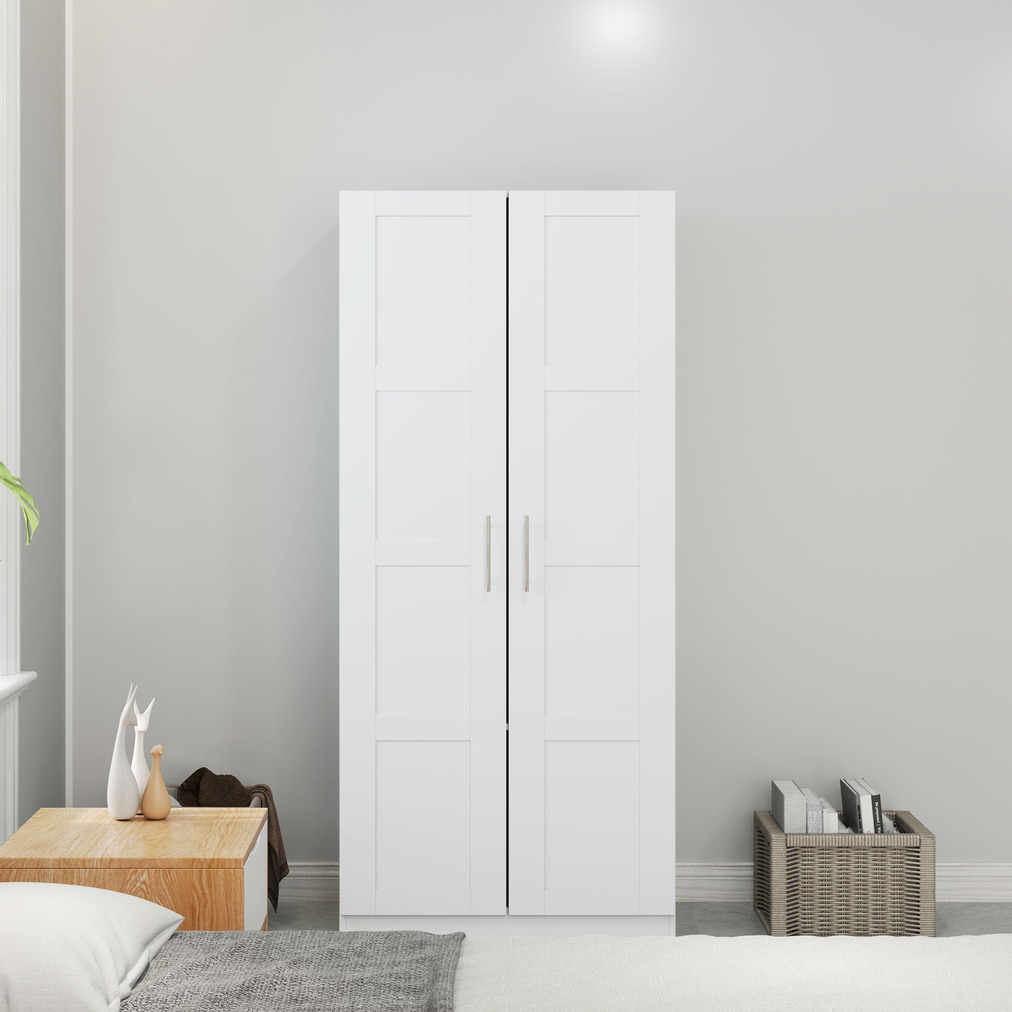 Double Paneled Wardrobe with Shelves for Extra Storage - White
