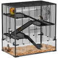 4 Tier Hamster Cage with Deep Tempered Glass Bottom, Hut, Wheel, Food Dish & Water Bottle - Black Transparent