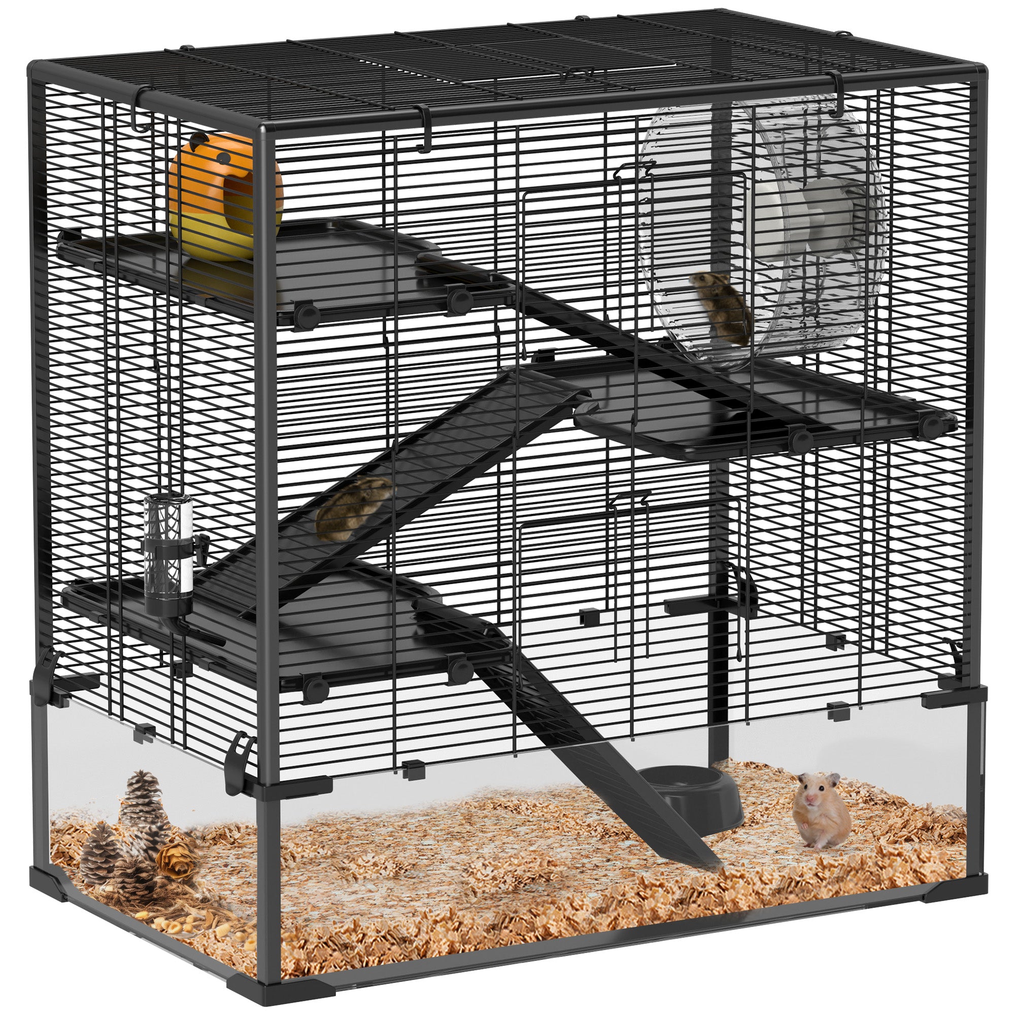4 Tiers Hamster Cage with Deep Tempered Glass Bottom, Hut, Running Wheel, Food Dish, Water Bottle, 78.5 x 48.5 x 80cm