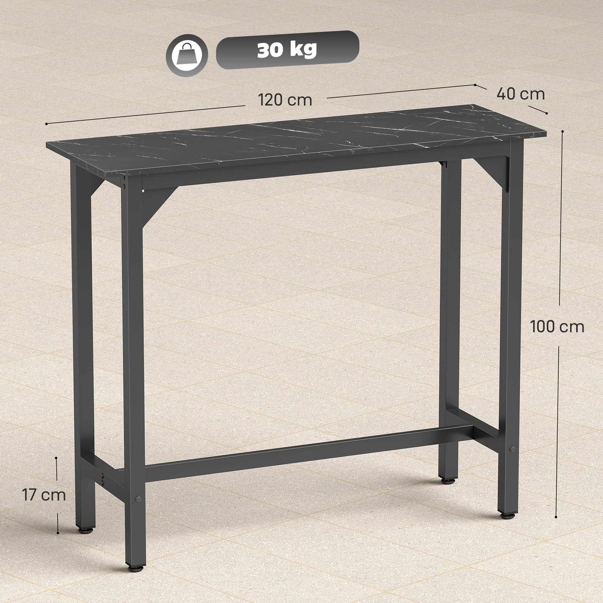 Rectangular Bar Table, Marble Effect Pub Coffee Table for Small Space, Breakfast Dining, Black Marble Effect