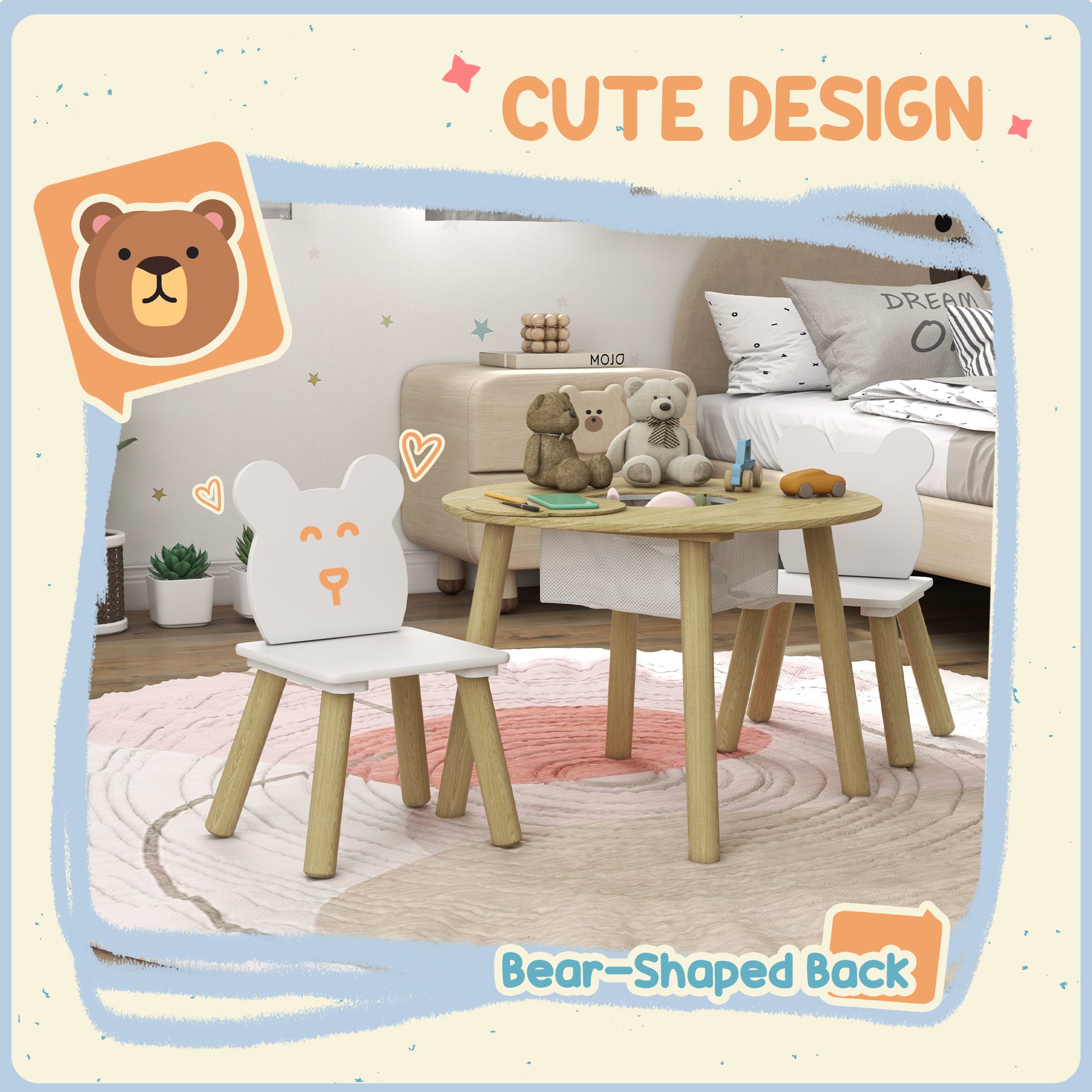 3 Pieces Kids Activity Table Set with Centre Mesh Bag, Bear Shaped Backrest, for Arts, Reading, Dining