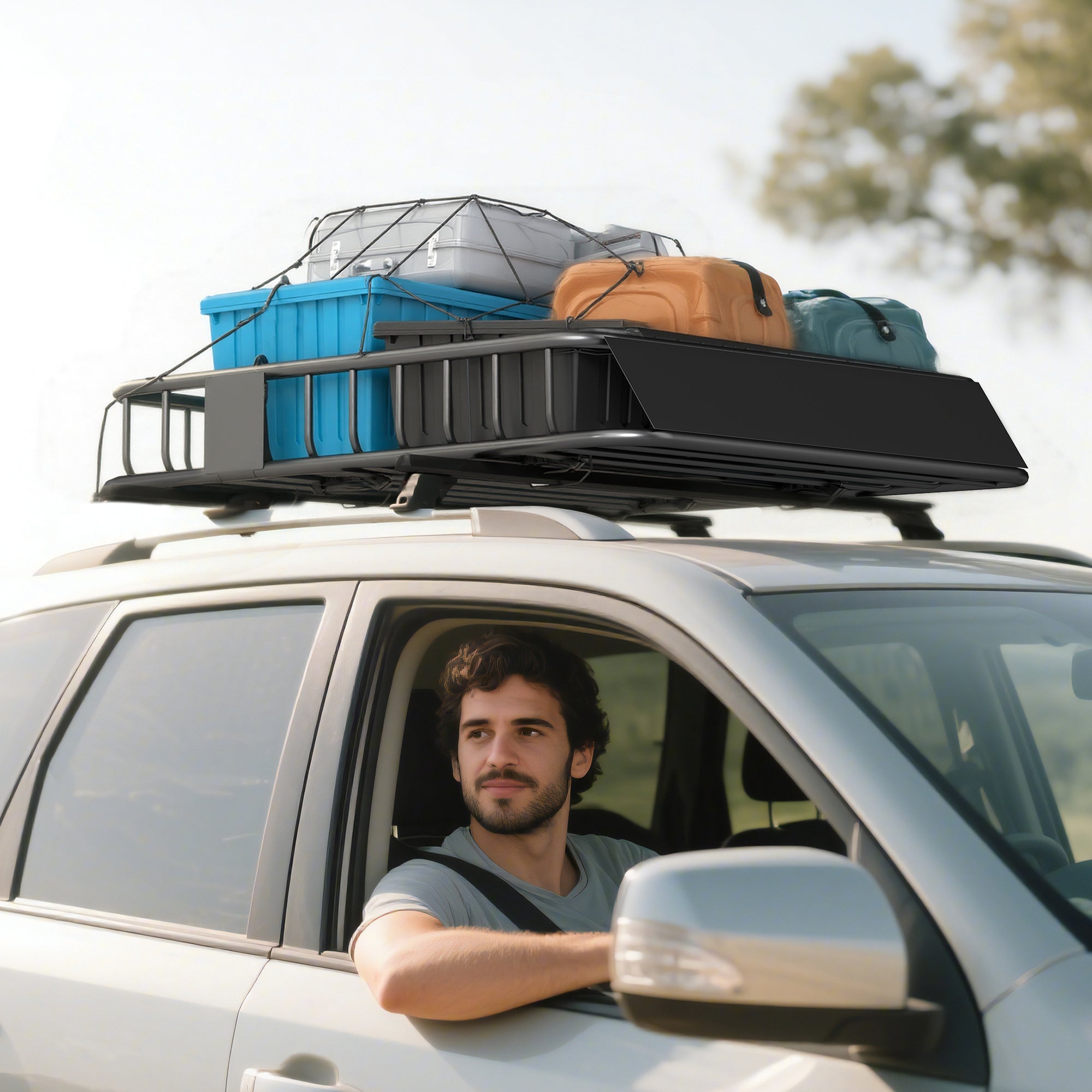 Universal Roof Rack Basket Tray, 90.7 kg Steel Car Rooftop Luggage Cargo Carrier Holder with Wind Fairing, Side Rails for SUVs, Pickups, Sedans, Off-Road Vehicles, 110.5 x 99.5 x 18.5 cm, Black
