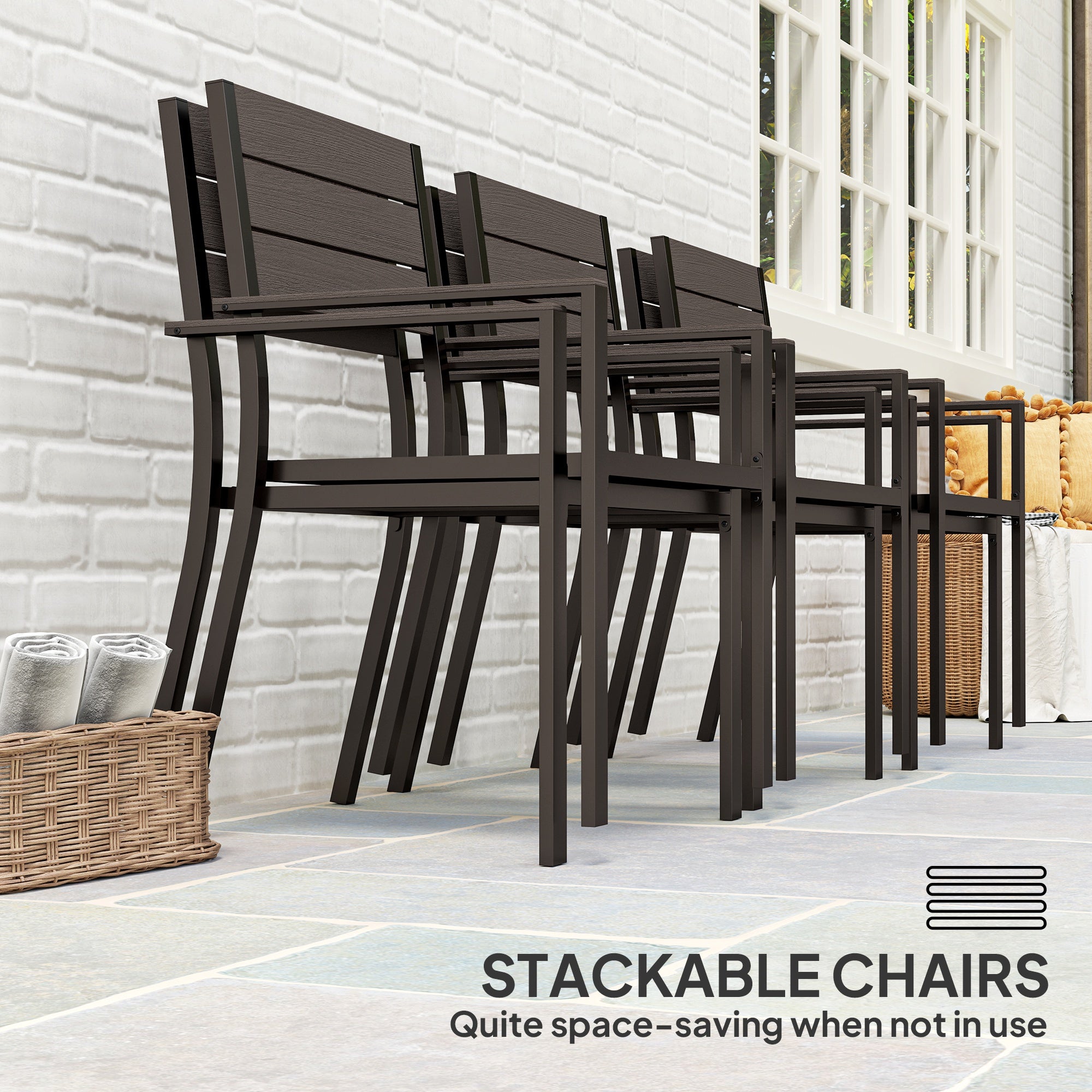 7 Piece Garden Furniture Set with HDPE Table and Stackable Chairs - Dark Brown
