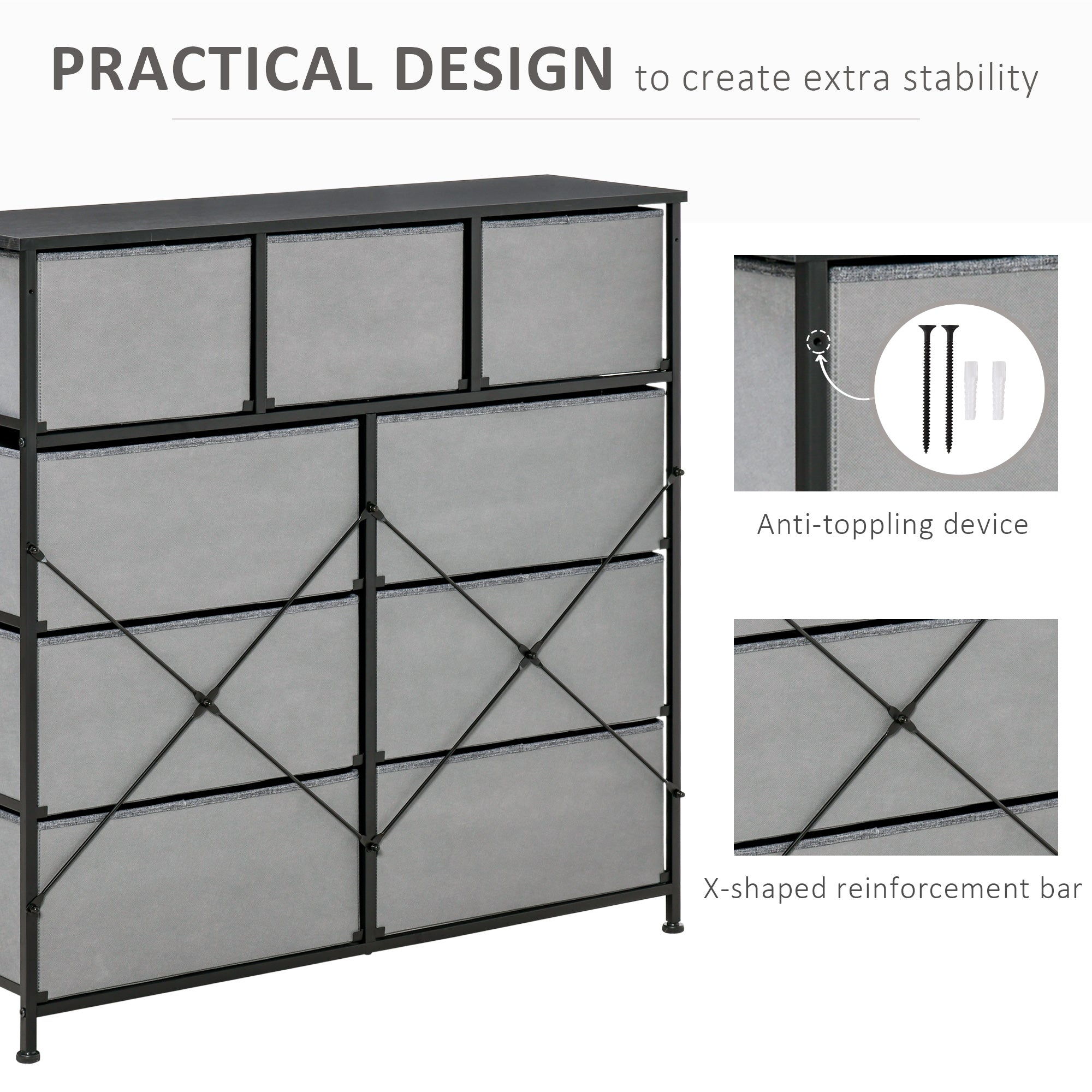 9-Drawer Storage Chest Dresser Organizer with Fabric Bins for Bedroom, Hallway, Entryway - Black & Grey