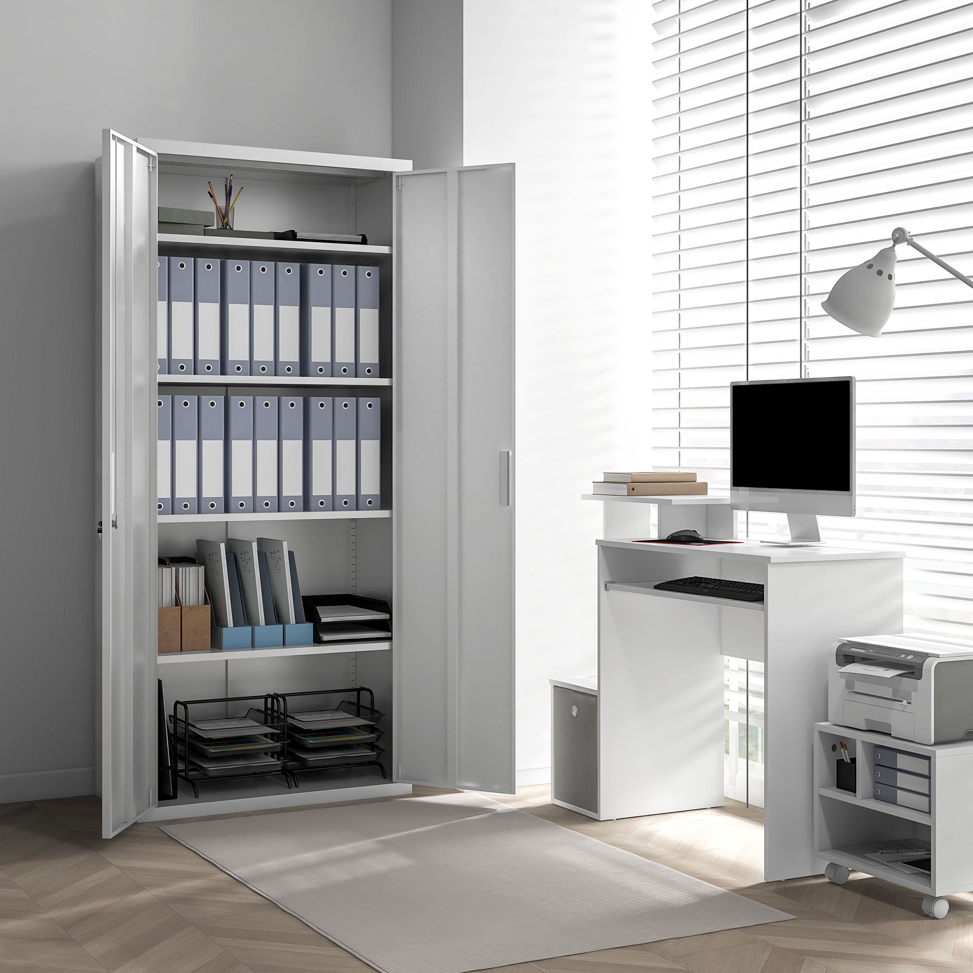 Five Shelf Lockable Steel Office Cabinet - White