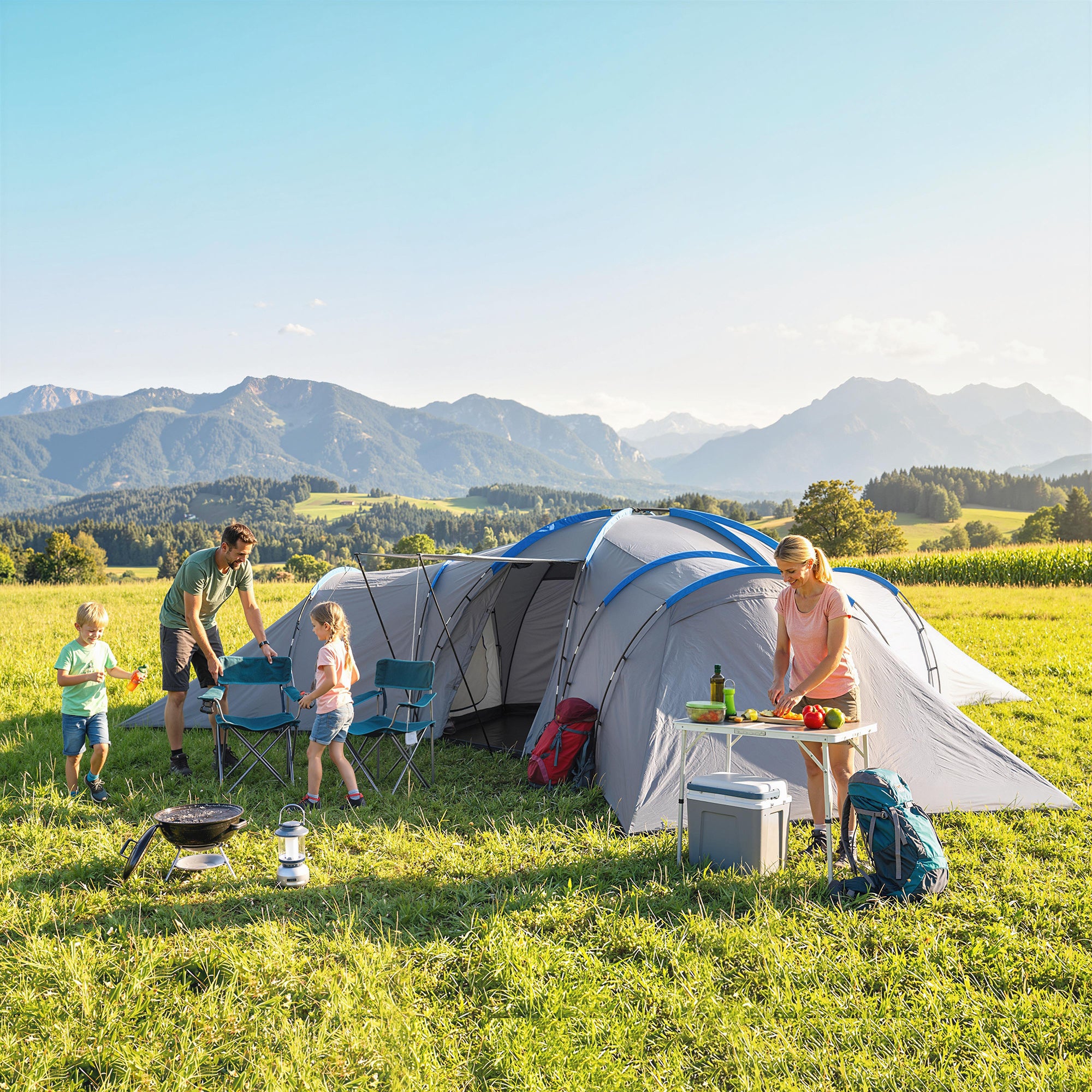 6-9 Man Large Tunnel Tent with 3 Bedrooms, Living Area and Porch, Light Grey