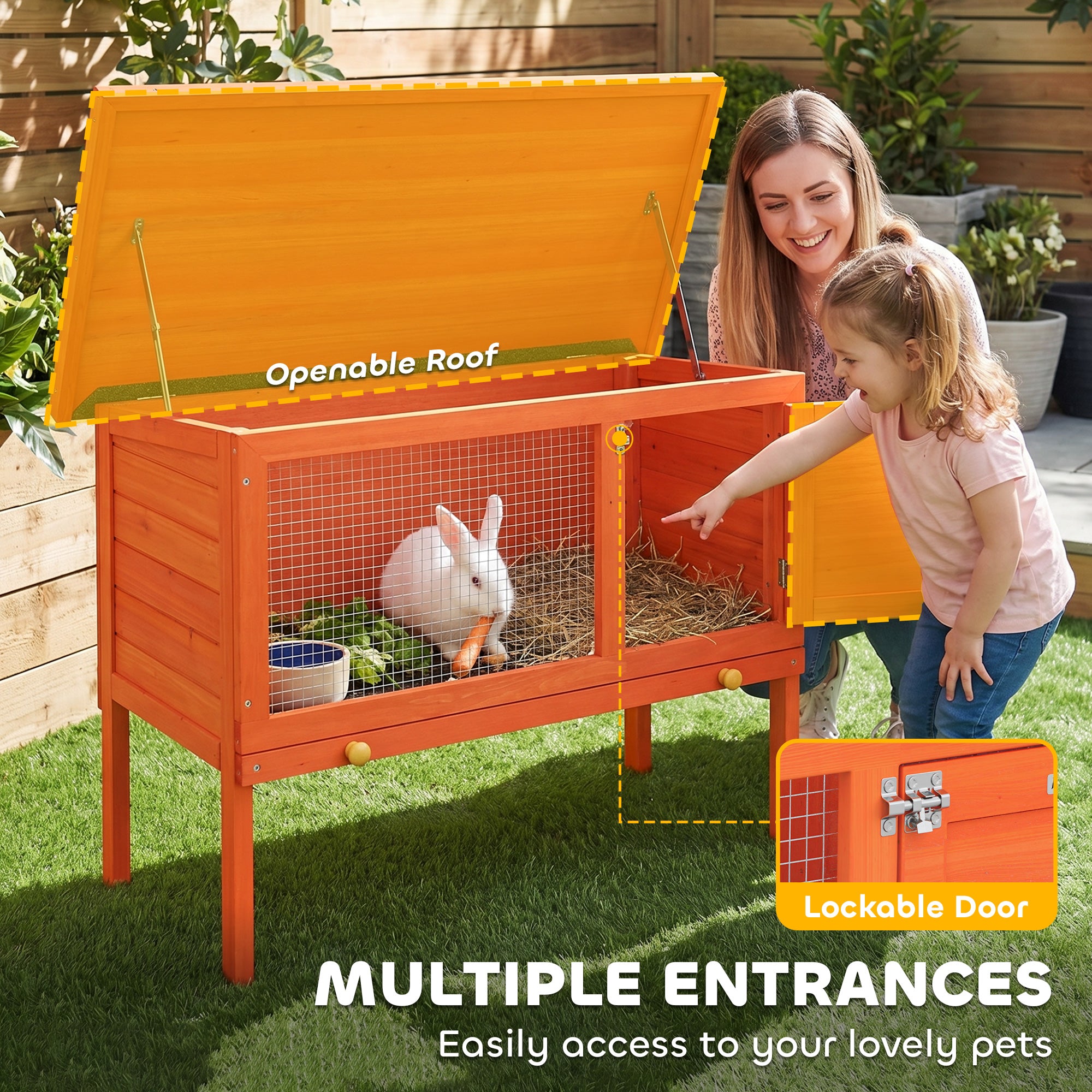 Wooden Rabbit Hutch, Guinea Pig Hutch with Asphalt Roof, Outdoor Elevated Bunny House for Rabbits, Chinchillas