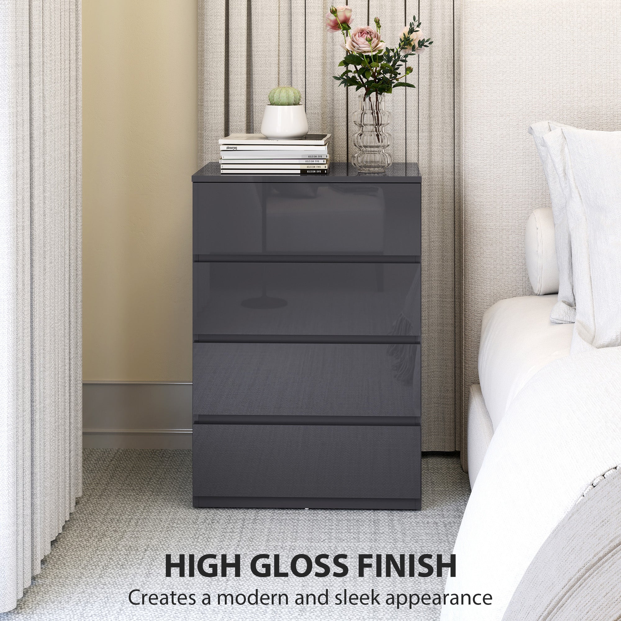 High Gloss Chest of Drawers, 4-Drawer Storage Cabinets, Modern Dresser for Bedroom, Grey