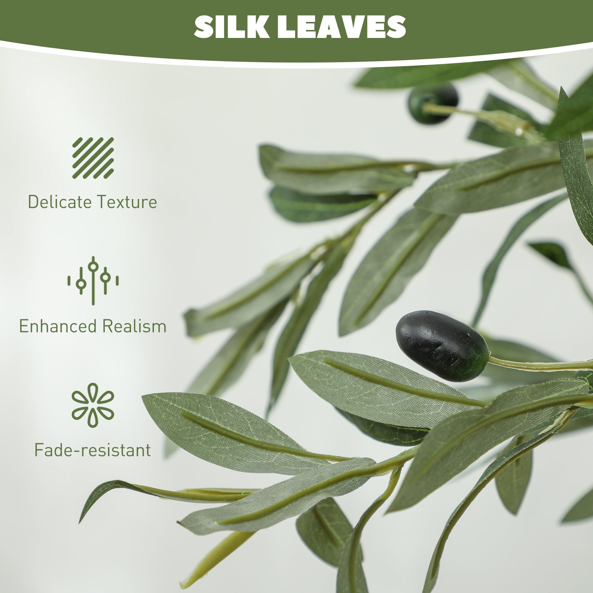 5ft/ 150cm Decorative Artificial Plant, Silk Olive Tree with 720 Leaves and 32 Olive Fruits in Pot, Fake Plant for Home, Office, Living Room, Indoor Decor