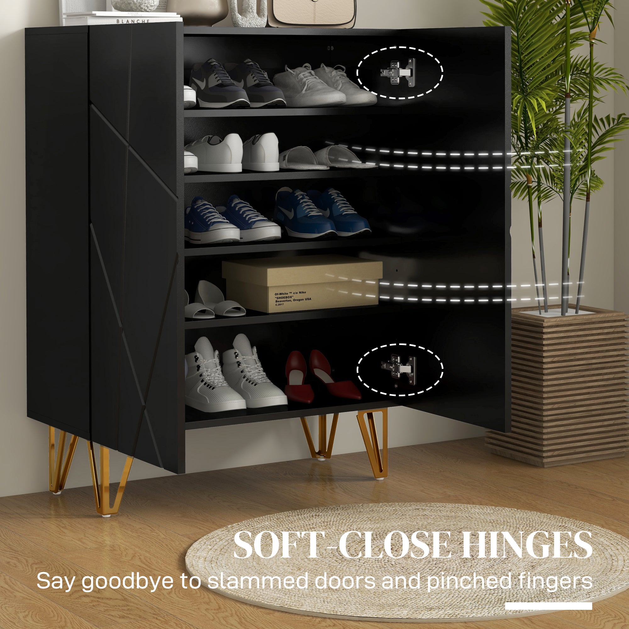 Narrow Shoe Storage Cabinet with Soft-Close Hinges and Adjustable Shelves for 15-20 Pairs of Shoes, Black