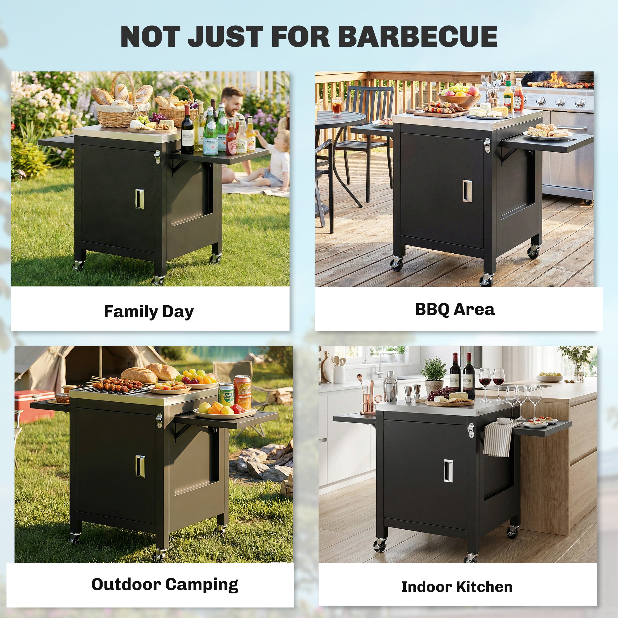 Outdoor Grill Cart with Stainless Steel Tabletop, BBQ Table with a Cabinet, Towel Holder, Bottle Opener, Black