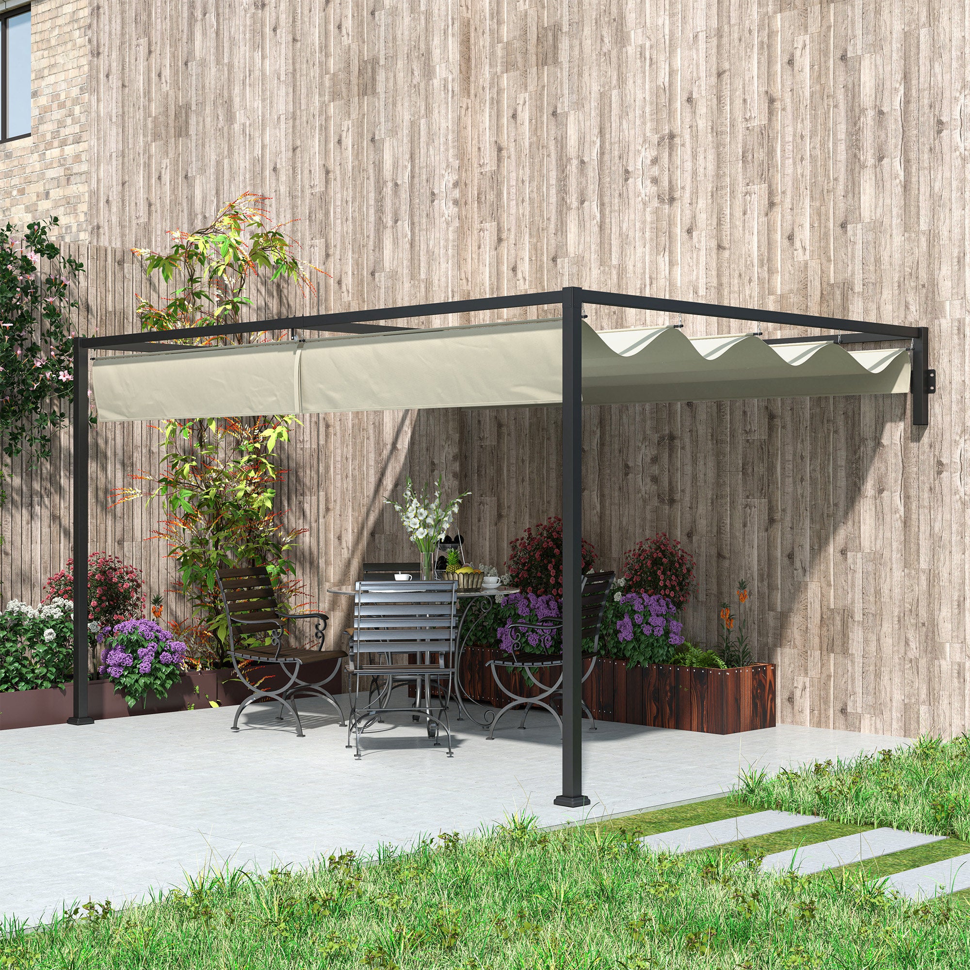 3 x 4m Steel Pergola with Retractable Canopy - Khaki