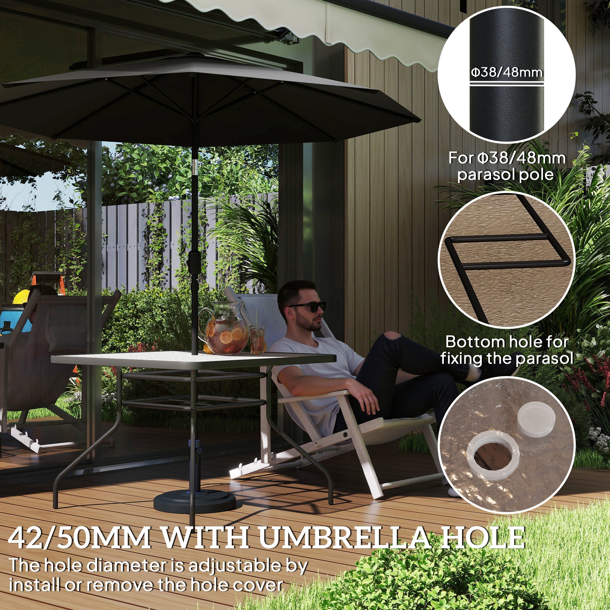 Square Garden Dining Table with Tempered Glass Top & Umbrella Hole, 100 x 100 cm