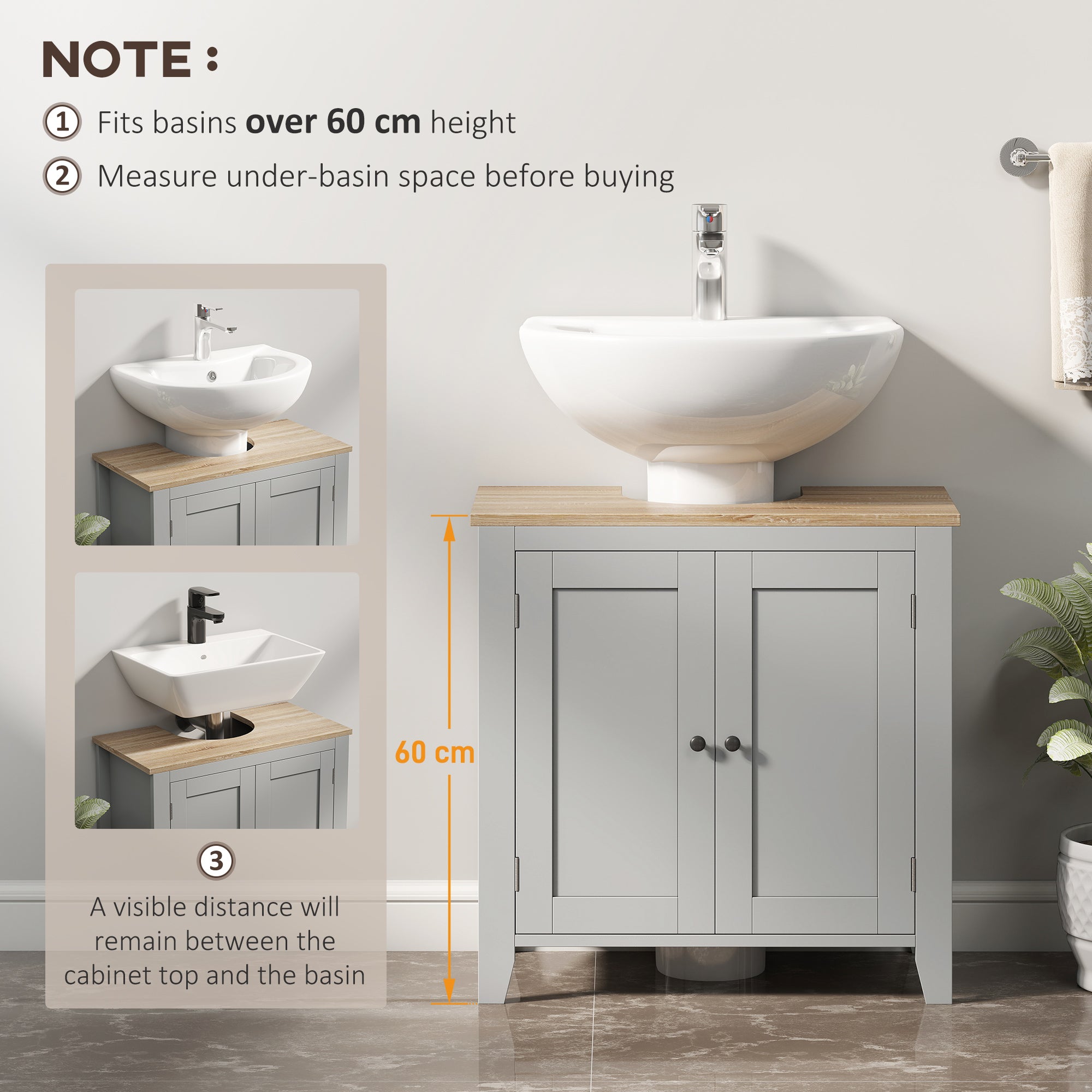 kleankin Under Sink Cabinet, Bathroom Sink Cabinet with 2 Doors, Pedestal Under Sink Design, Freestanding Bathroom Cupboard with Adjustable Shelf, Grey