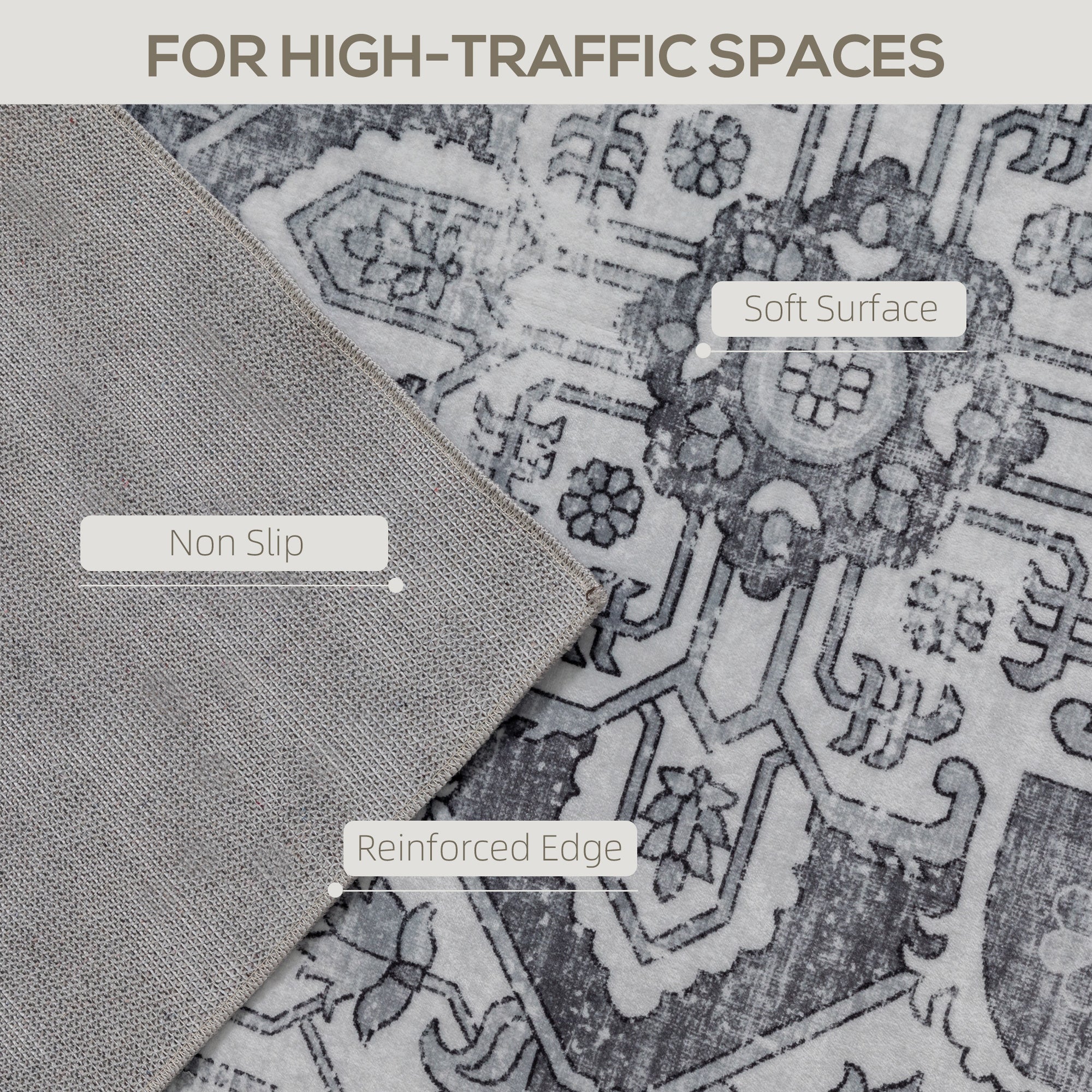 Vintage Area Rug, Non-Slip Washable Rug, Flannel Floor Carpet for Living Room, Bedroom, Dining Room, Home Office, 230 x 160 cm, Grey