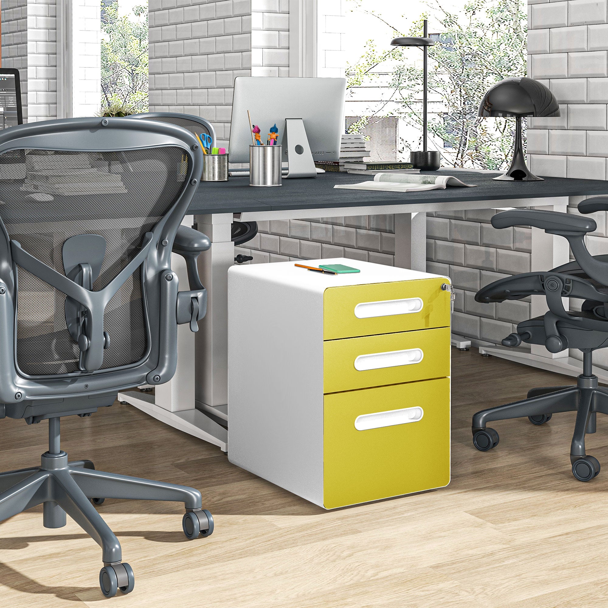 3 Drawer Filing Cabinet, Steel Lockable File Cabinet with Lock and Wheels, for A4, Letter, Legal Sized Files, Yellow