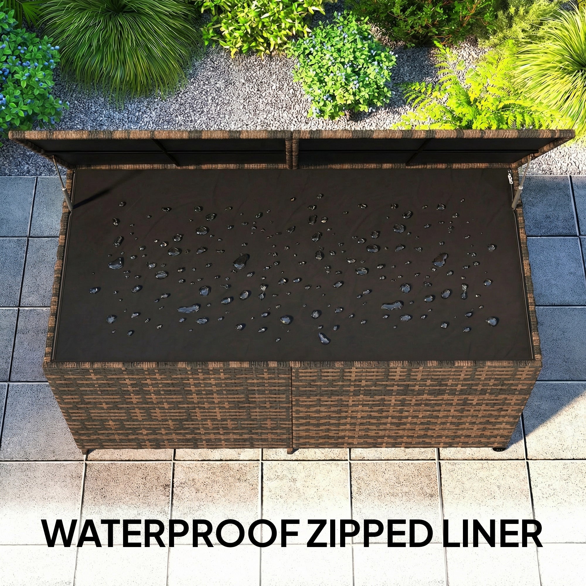 650L Garden Storage Box with 2 Wheels, Rattan Deck Box with Waterproof Zipped Liner, Safe Pneumatic Rods, Mixed Brown
