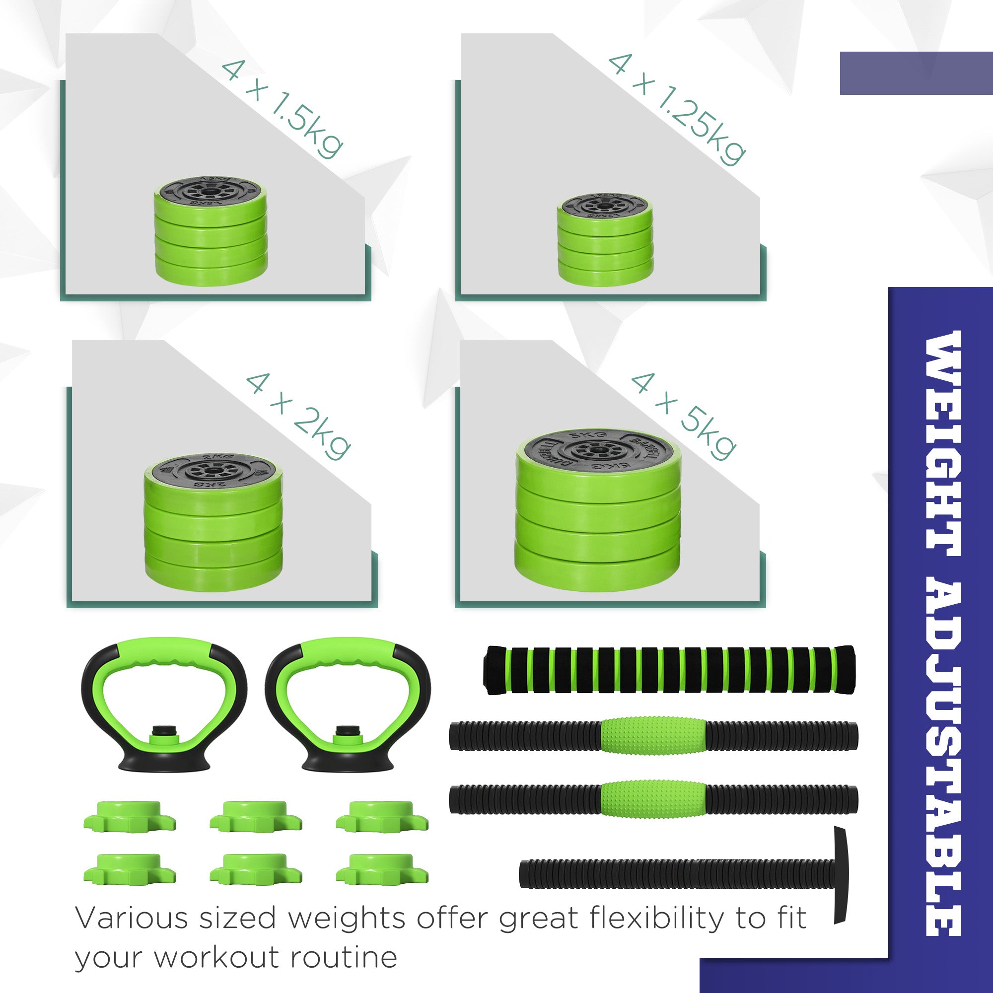 40kg Four-In-One Adjustable Weight Dumbbells Set, Barbell, Kettlebell, Push Up Stand - Green