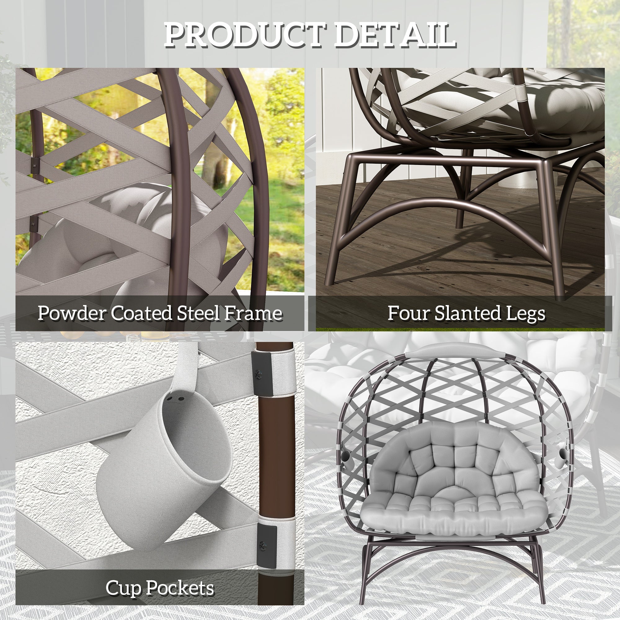 2 Seater Folding Egg Chair with Cushions and Cup Pockets - Light Grey