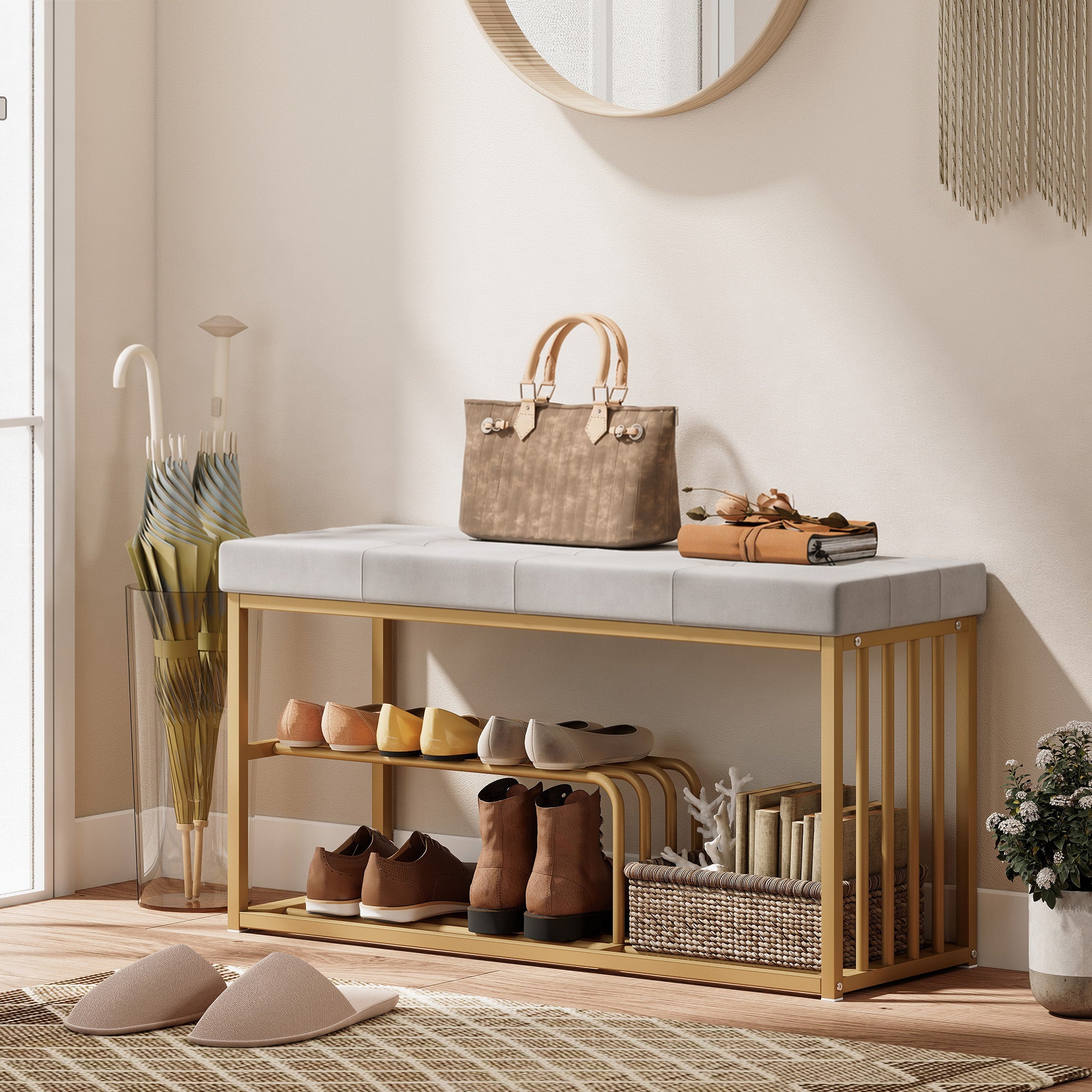 Bench and Shoe Storage, Tufted Shoe Storage Bench with Velvet Seat Cushion Gold Steel Frame for Entryway, Grey