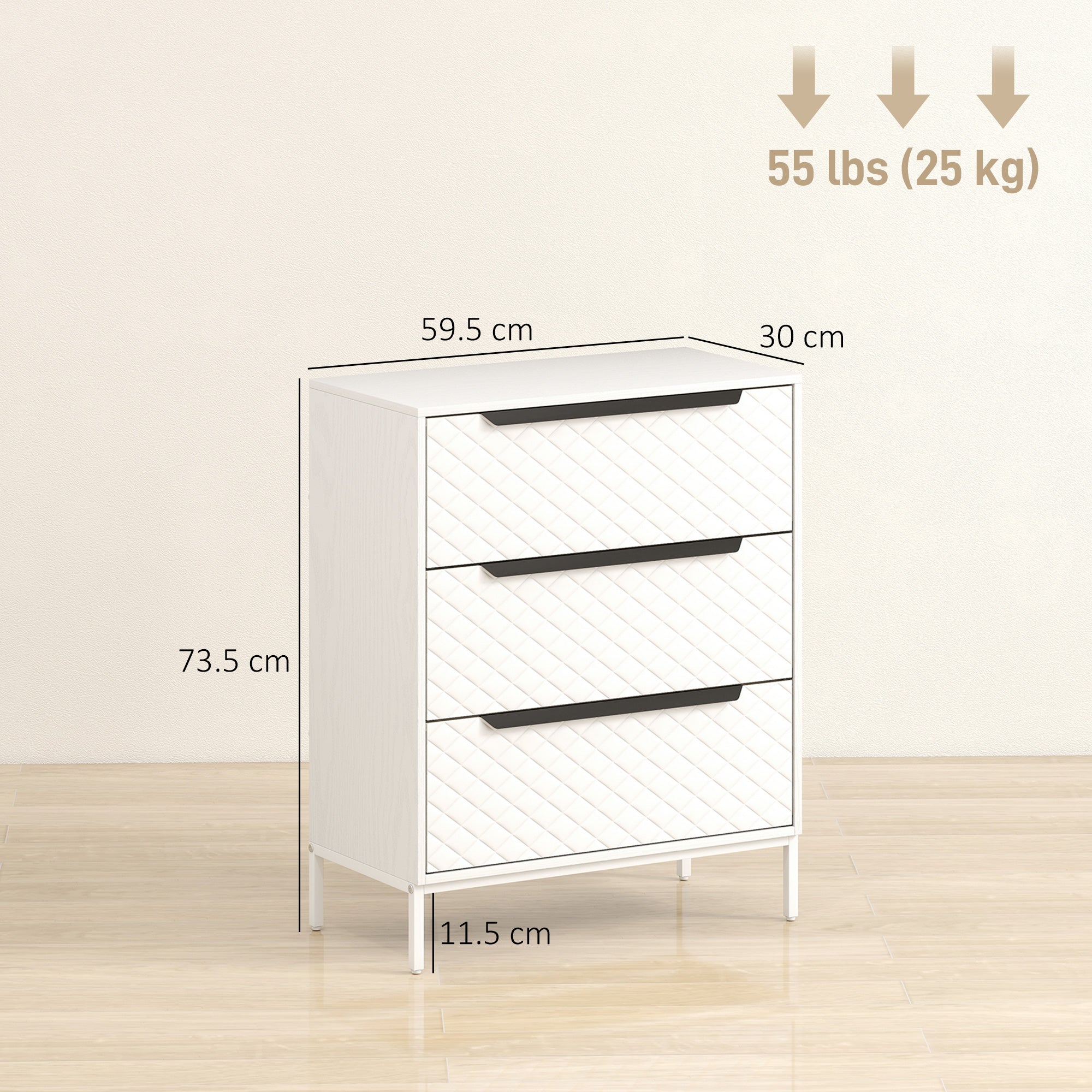 Chest of Drawers, Dresser with 3 Fabric Drawers and Aluminium Handles - White