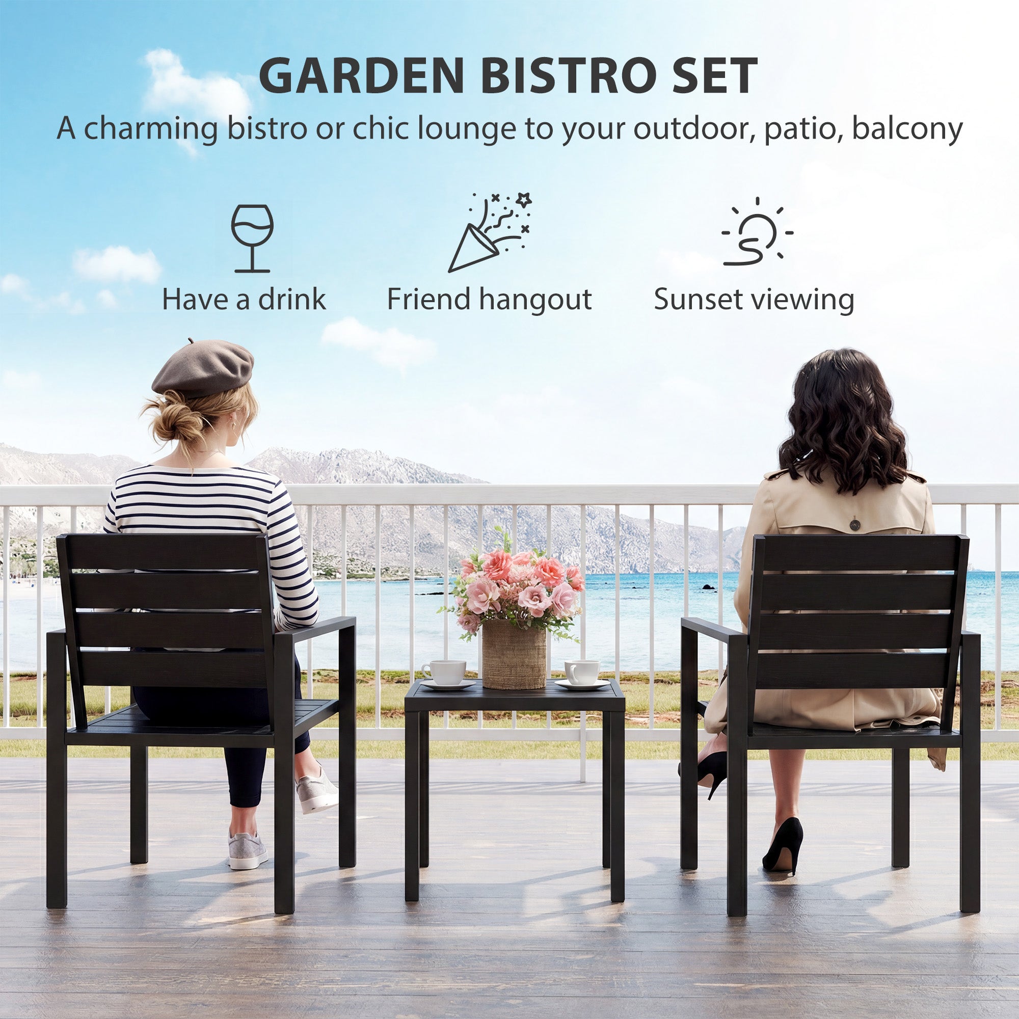3 Pieces Garden Bistro Set for 2, Outdoor Bistro Table and Chairs with Metal Frame, Plastic Patio Furniture Set