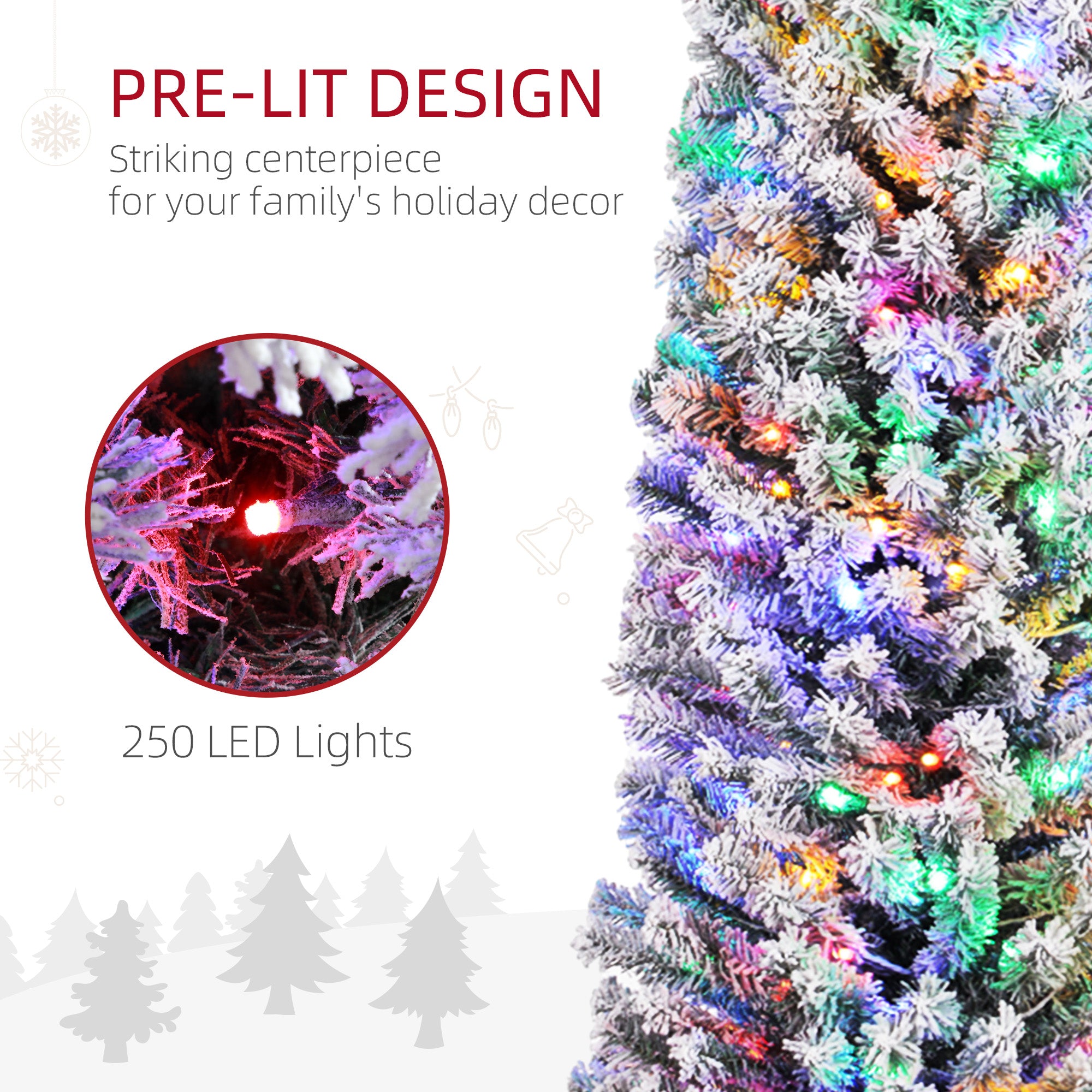 7' Artificial Prelit Christmas Trees Holiday Décor with Colourful LED Lights, Flocked Tips, Berry, Pine Cone