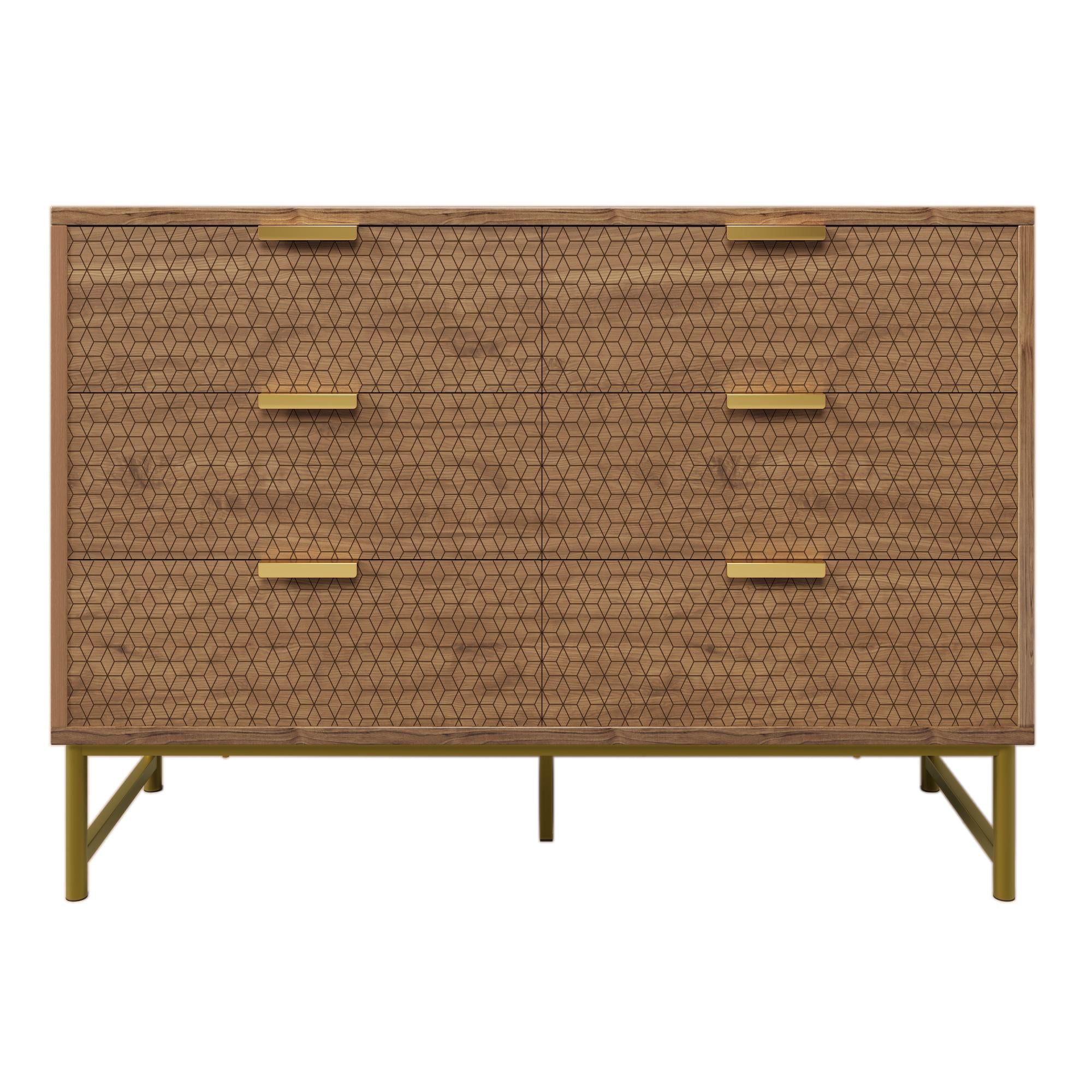 Embossed Design Sideboard Cabinet Dresser with 6 Drawers, Anti-tip, Storage Cabinet for Hallway, 120L x 40W x 75H cm, Walnut