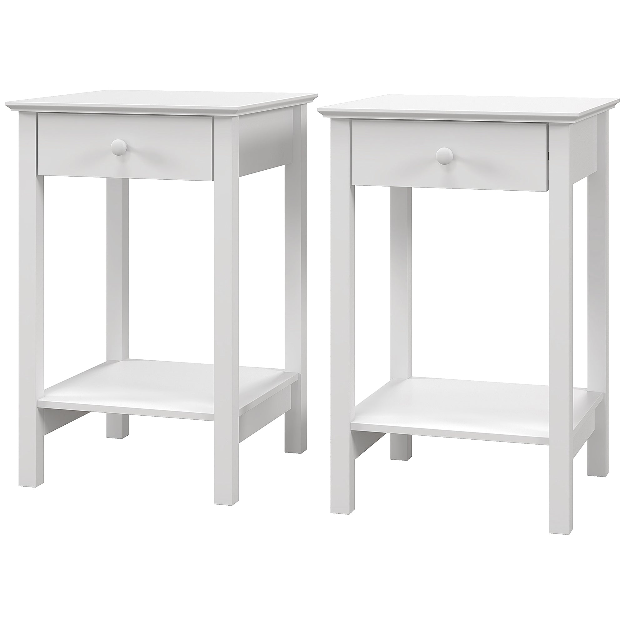 White Bedside Table, Wooden Side Table, Nightstand, Bedside Cabinet with Drawer and Storage Shelf for Bedroom and Living Room, Set of 2