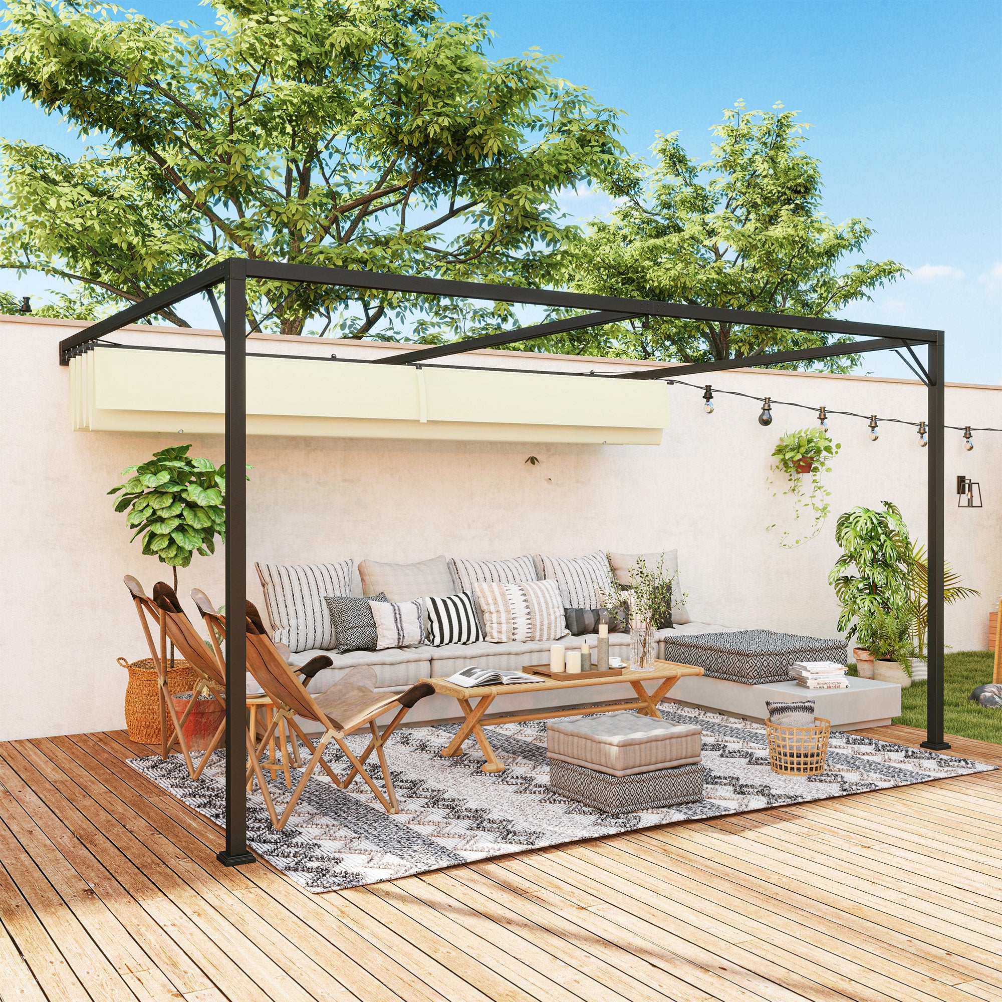 4 x 3 Metre Retractable Pergola Canopy - Cream White Metal Frame