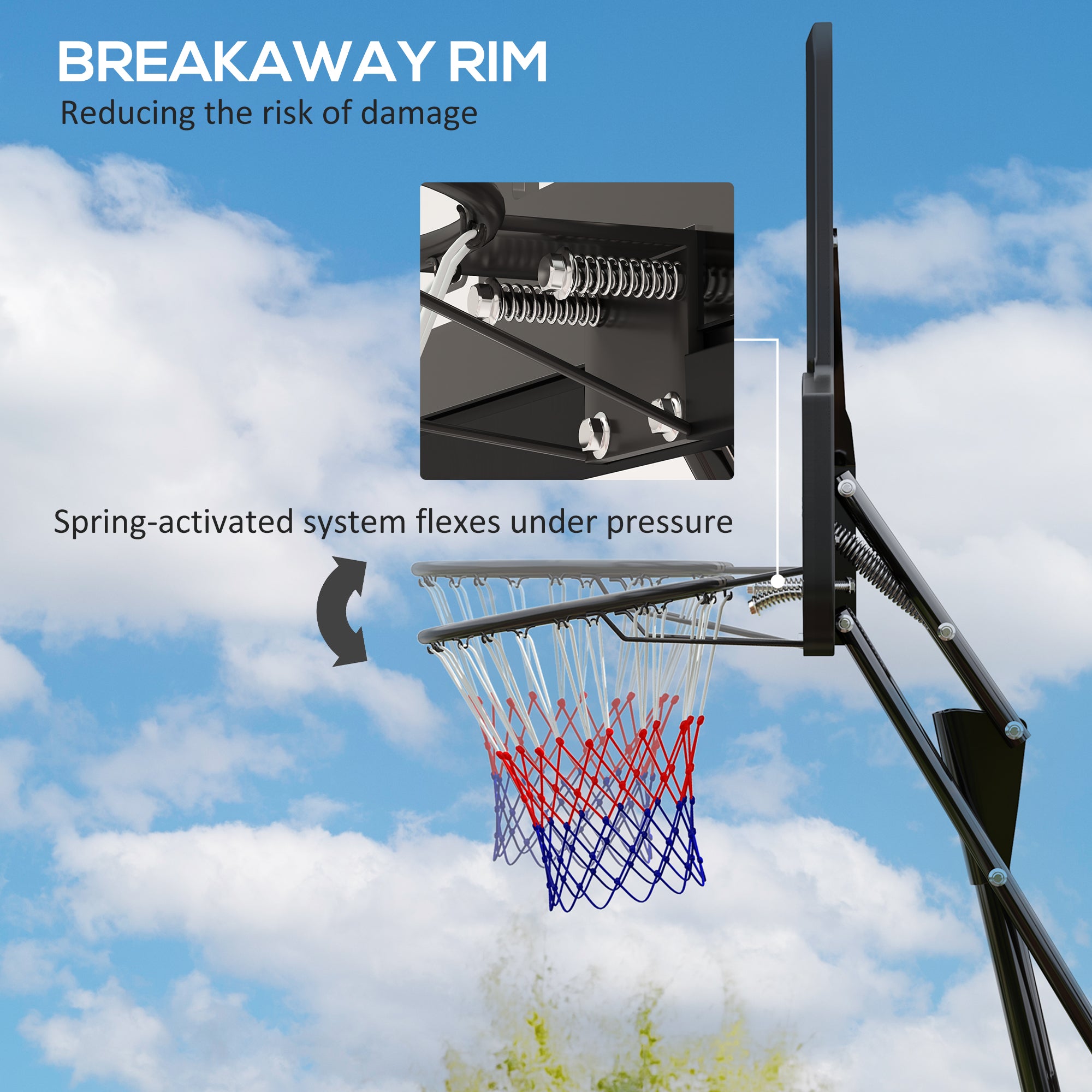 Basketball Hoop Outdoor, Height Adjustable Basketball Hoop and Stand with Rebound System, Weighted Base, Portable on Wheels, 2.45-3.05m, for Teens, Juniors, Adults, Black