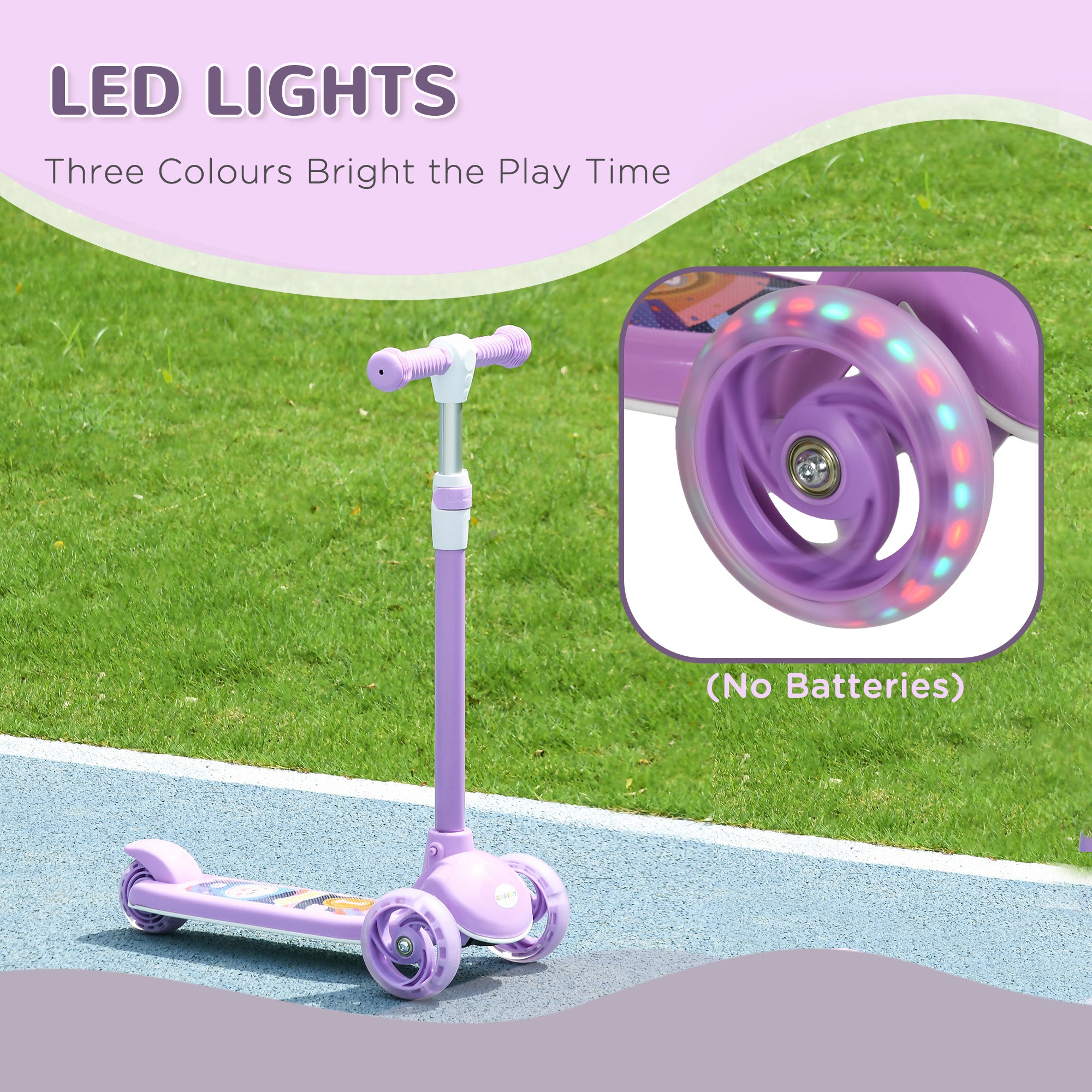 Kids 3 Wheel Scooter with Adjustable Height and LED Lights for Ages 2-6 - Purple