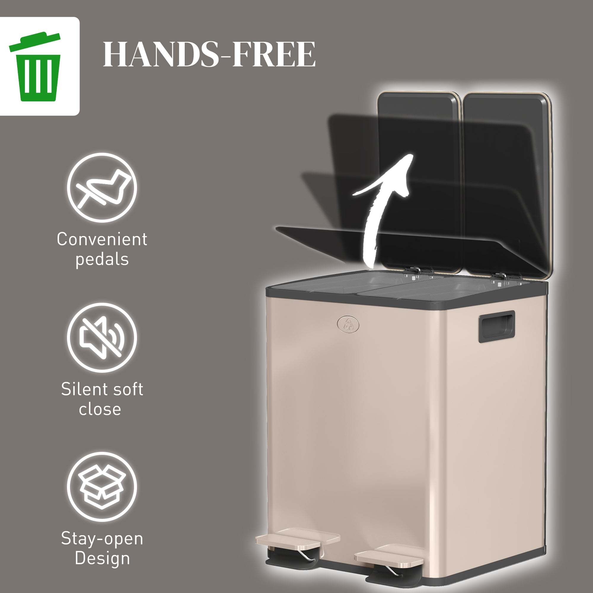 40L Dual Compartment Stainless Steel Bin, with Deodoriser Holders - Gold Tone