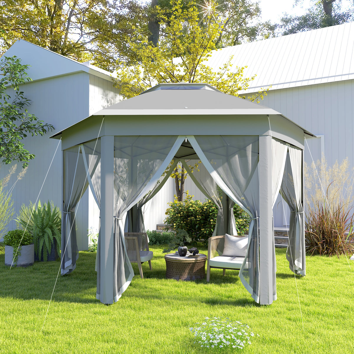 3 x 4m Garden Gazebo Set with Netting Double Roof Pop Up Shelter - Dark Grey