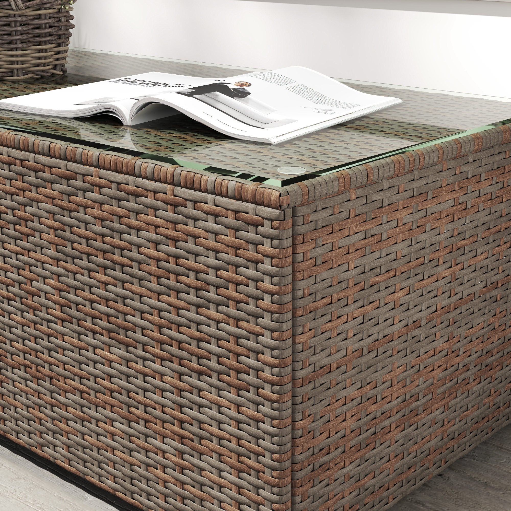 90 x 50cm Glass Top Rattan Side Table with Tempered Glass Brown